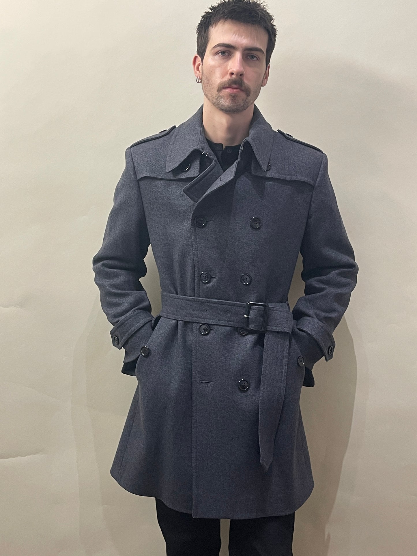 Burberry Dark Grey Wool Blend DB Belted Overcoat 42