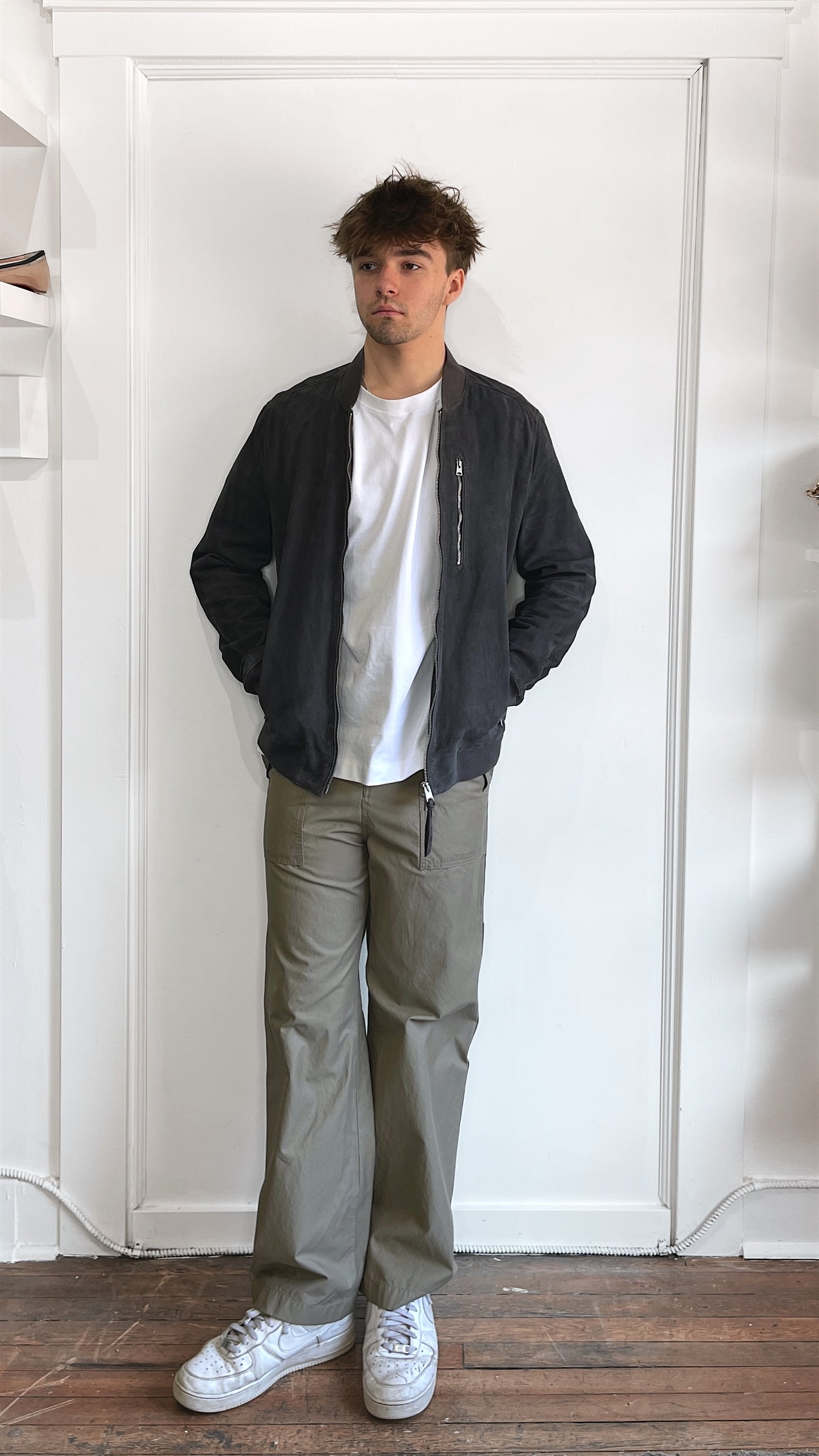 All Saints Grey Suede Kemble Bomber Jacket Extra Large