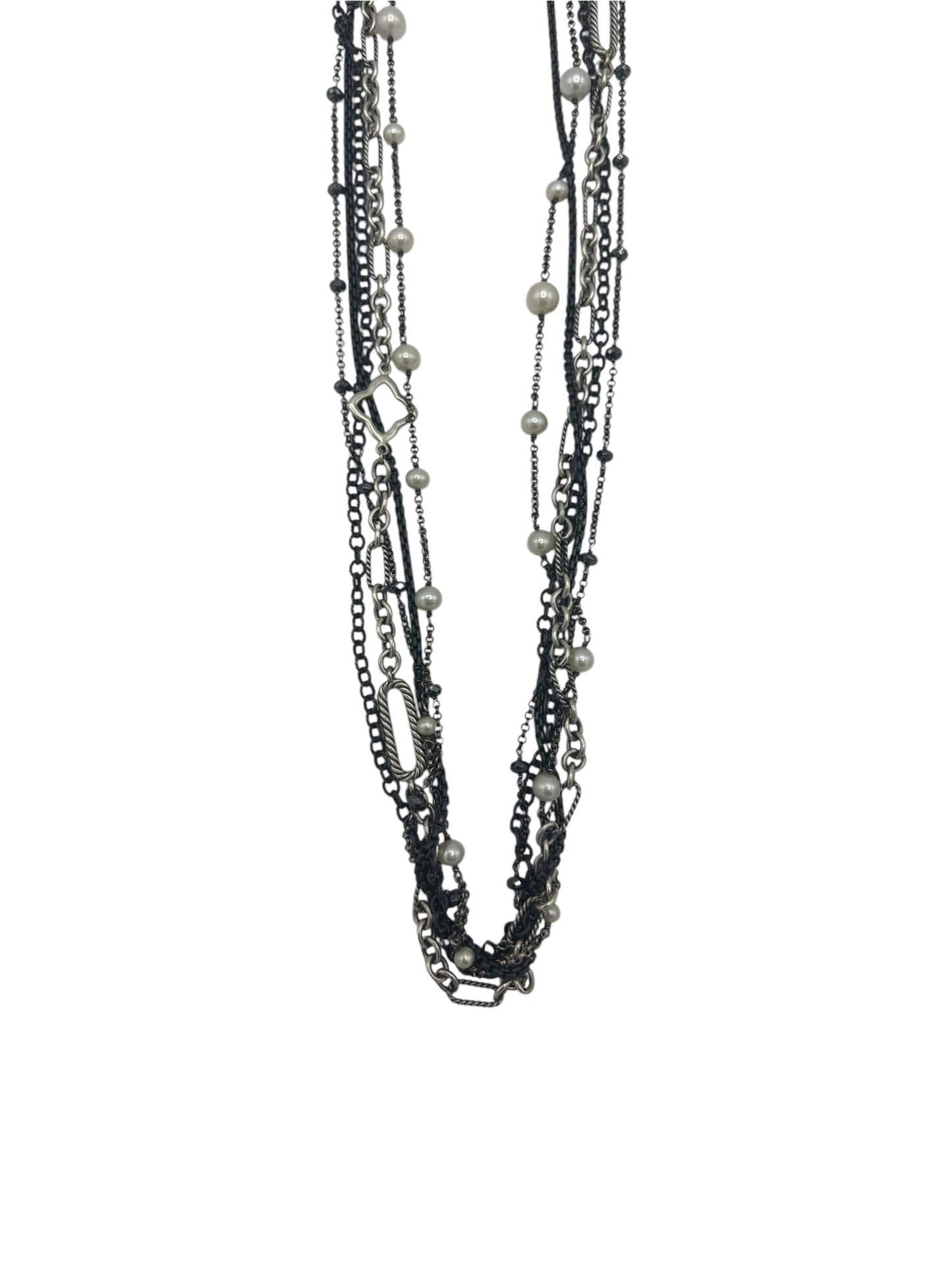 David Yurman Silver, Gunmetal, & Pearl Multi-Layered Necklace