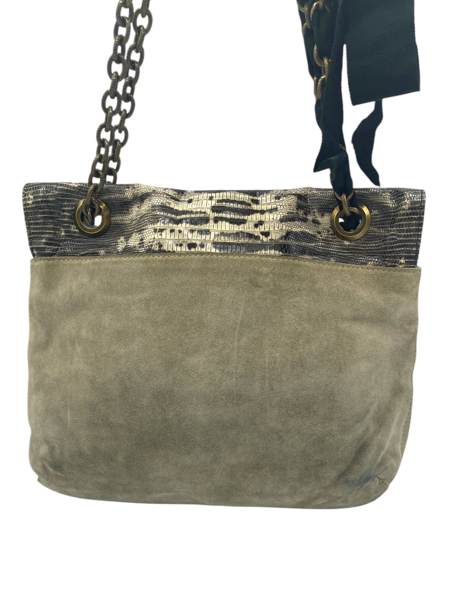 Lanvin Beige & Black Lizard Embossed Suede & Leather Happy Shoulder Bag