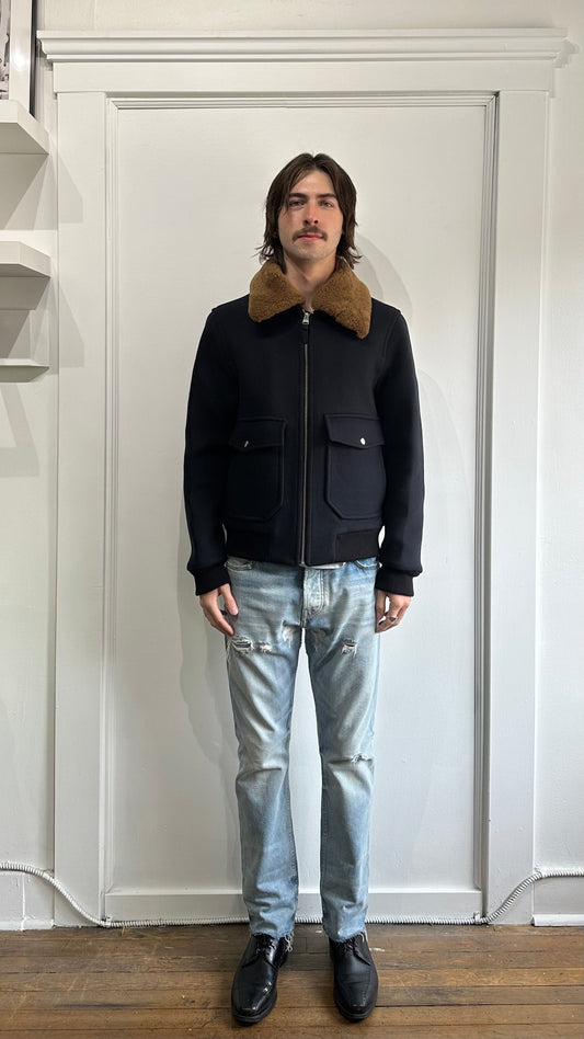 Mackage Navy Blue Wool Blend Theo Shearling Trim Bomber Jacket Medium - M