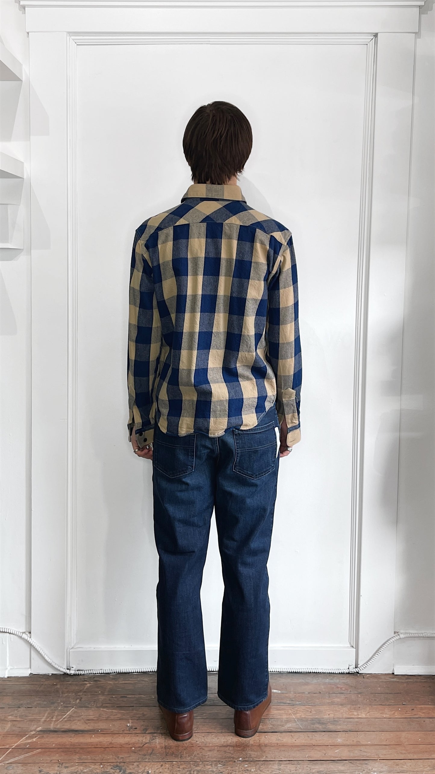 Indigofera Tan & Blue Buffalo Check Flannel Shirt Small