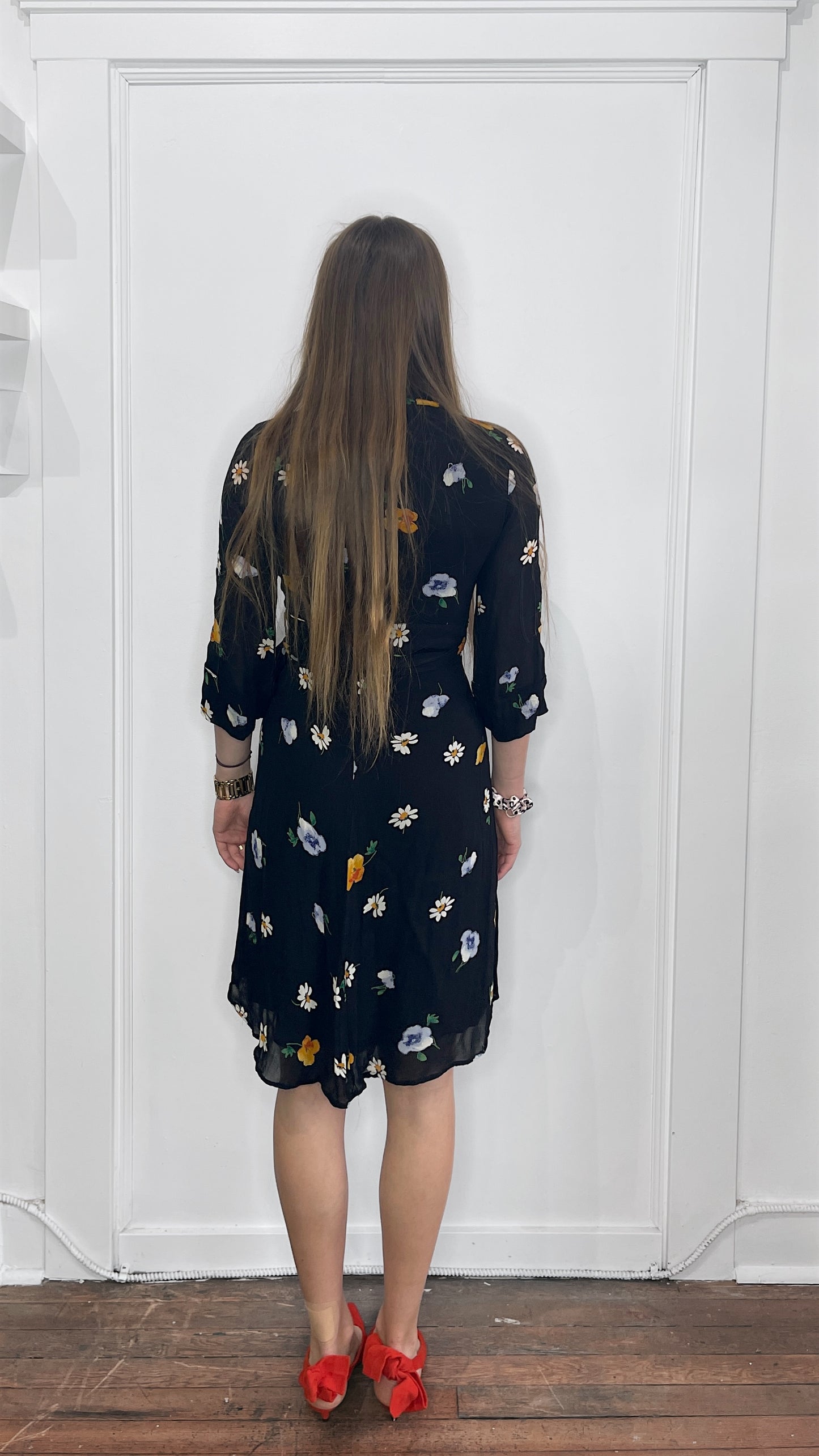 Ganni Black & Multicolour Floral Pattern Midi Tie Front Dress 36