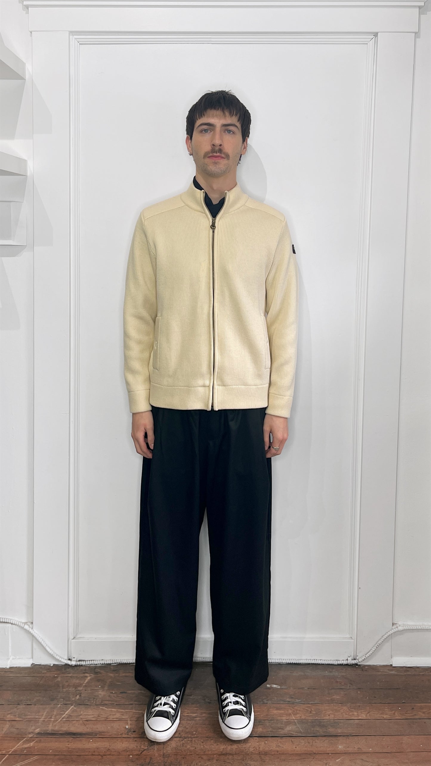 Paul & Shark Cream Ribbed Wool Knit Lined Zip Up Sweater Small