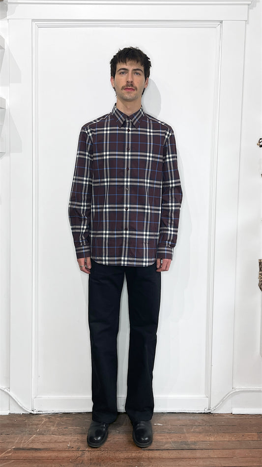 Burberry Maroon & Blue Plaid Button Up Shirt Large
