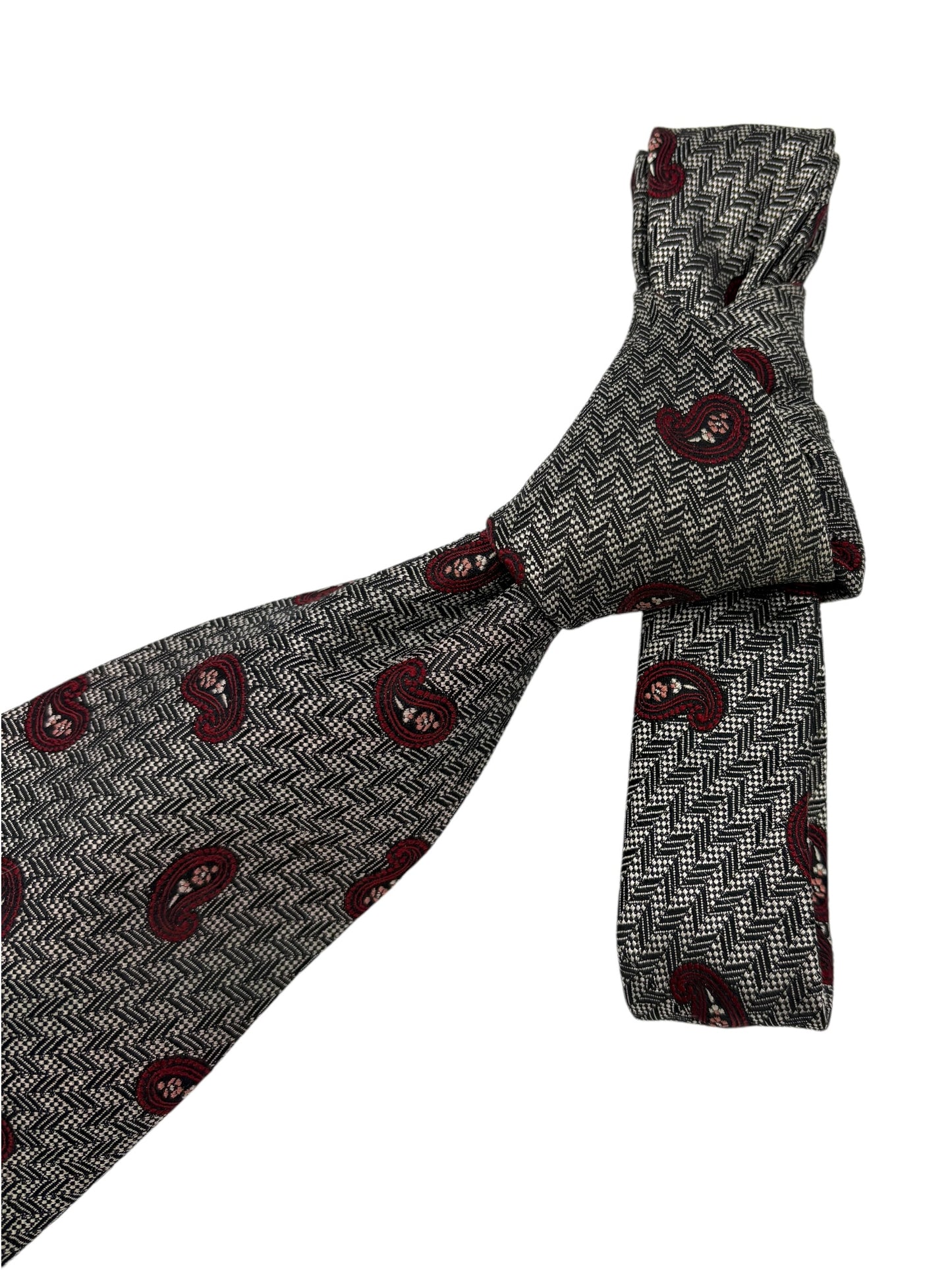 Ermenegildo Zegna Grey & Brick Paisley & Herringbone Pattern Silk Tie