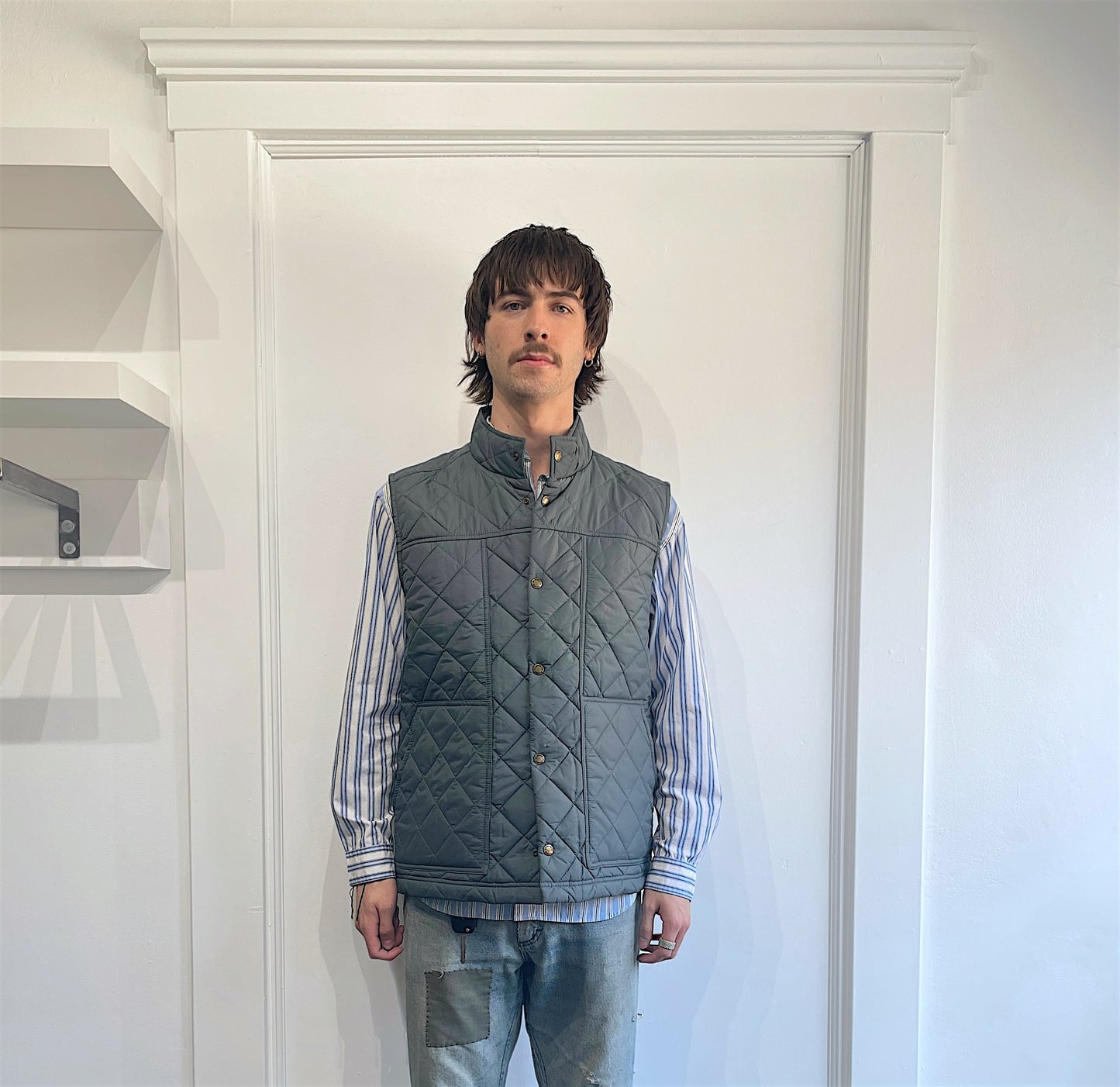 Filson Slate Blue Quilted Nylon Button Up Vest Medium