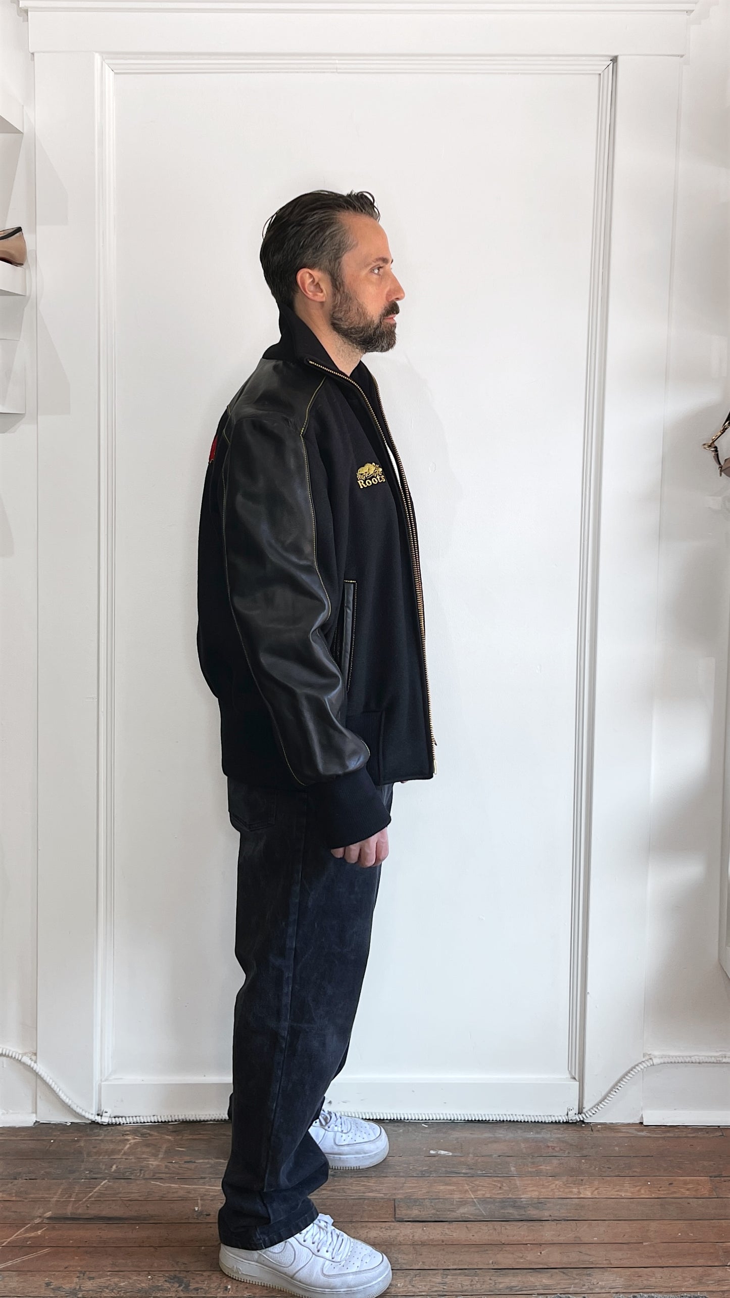 Roots Black & Gold Wool & Leather Canada Hockey Bomber Jacket Extra Large