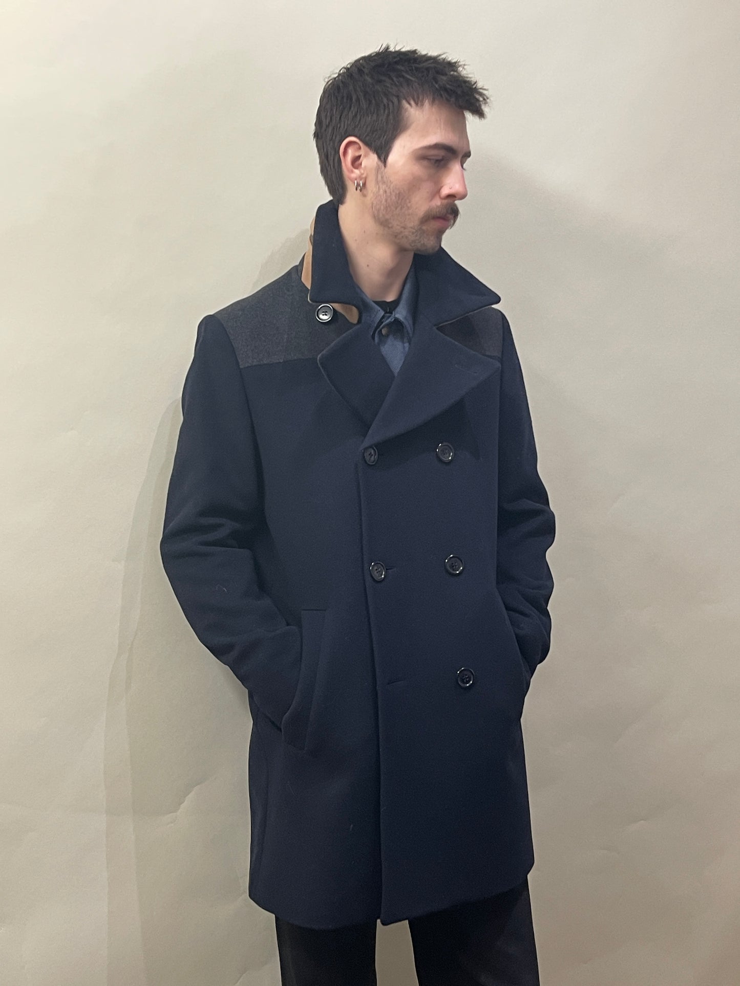 Paul Smith Navy, Grey, & Camel Colour Blocked Wool Blend DB Overcoat Large - L