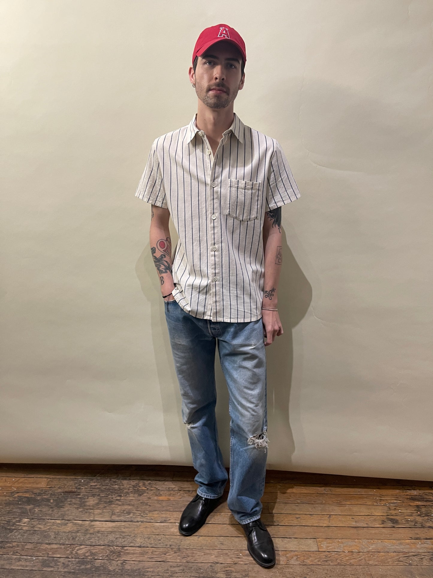 A.P.C. Bone & Blue Striped Textured Cotton SS Button Up Shirt Small - S