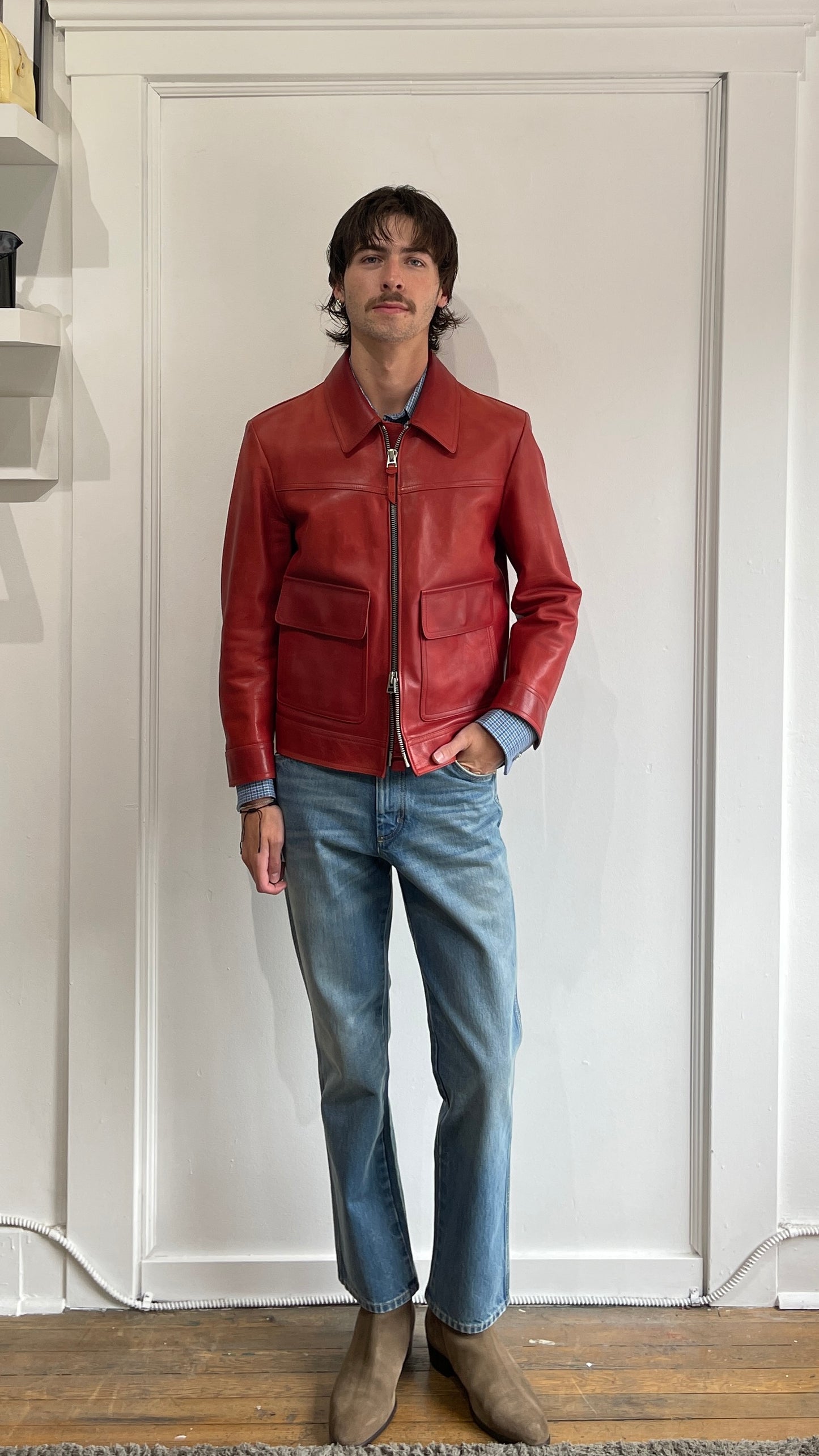 Tom Ford Red Embossed Calfskin Leather Trucker Jacket 40R / 50R