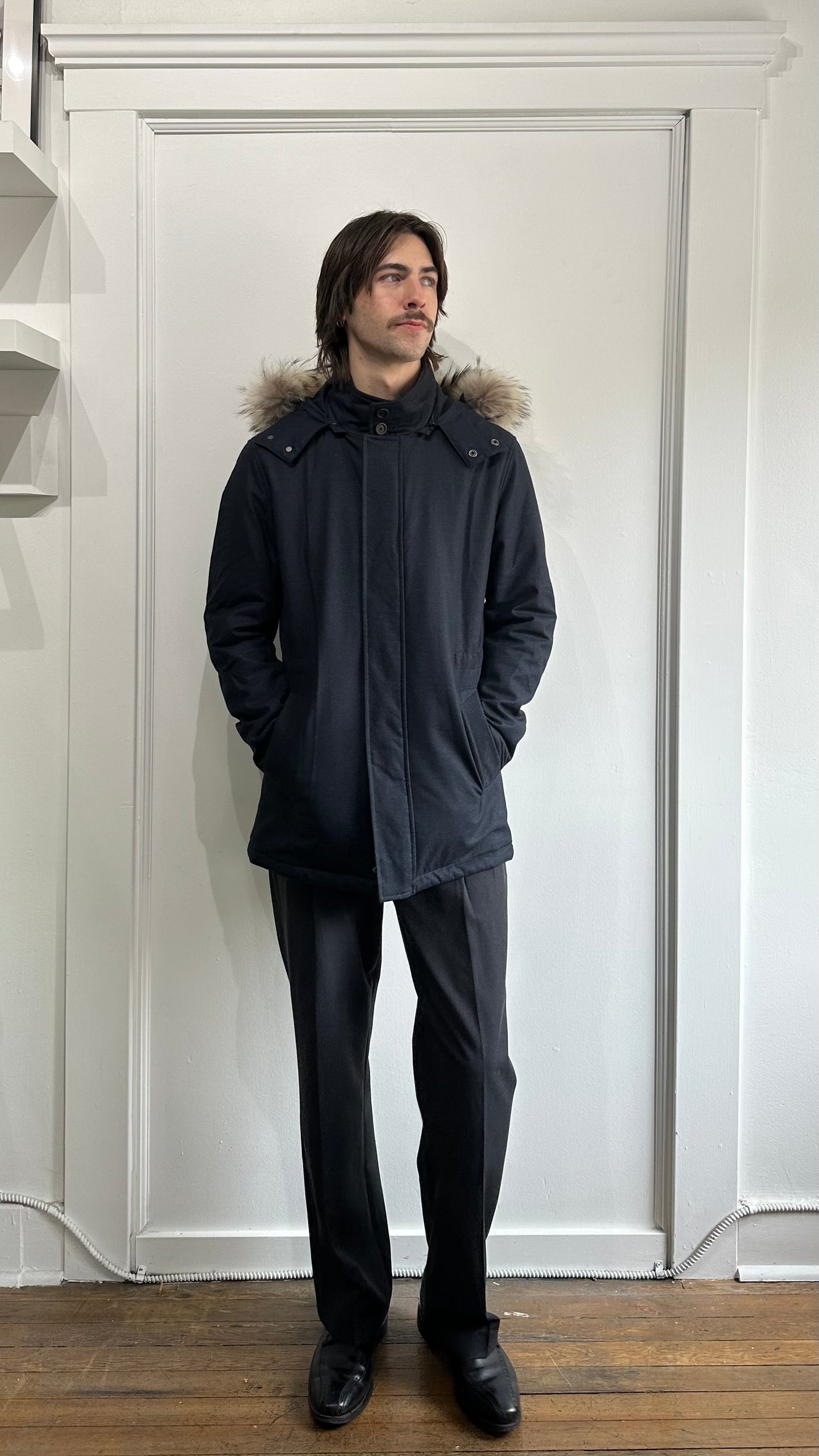 Canali Navy Blue Wool Rain & Wind Tech Puffer Jacket 40