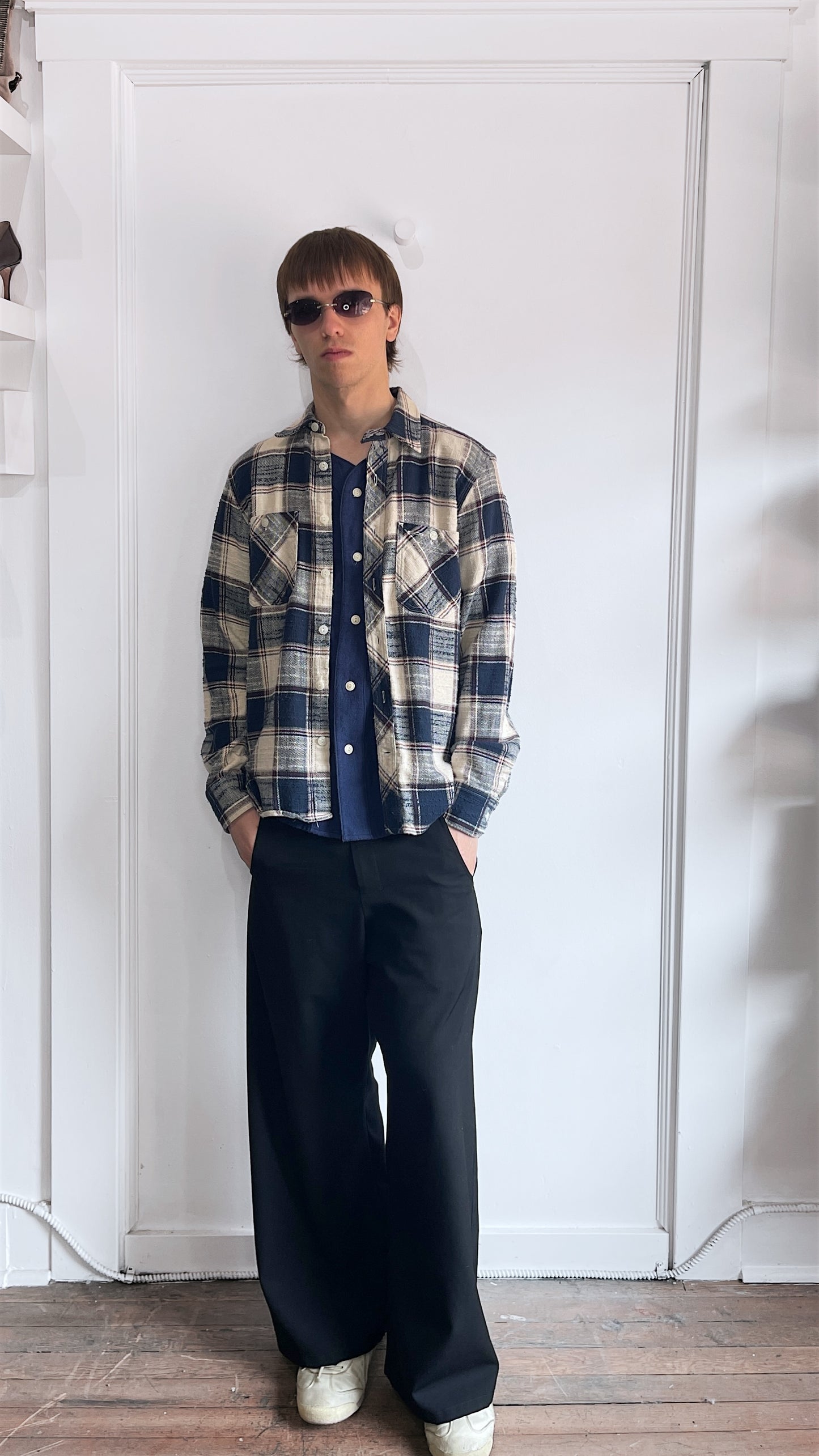 Rogue Territory Navy, White, & Red Plaid Flannel LS Button Up Medium