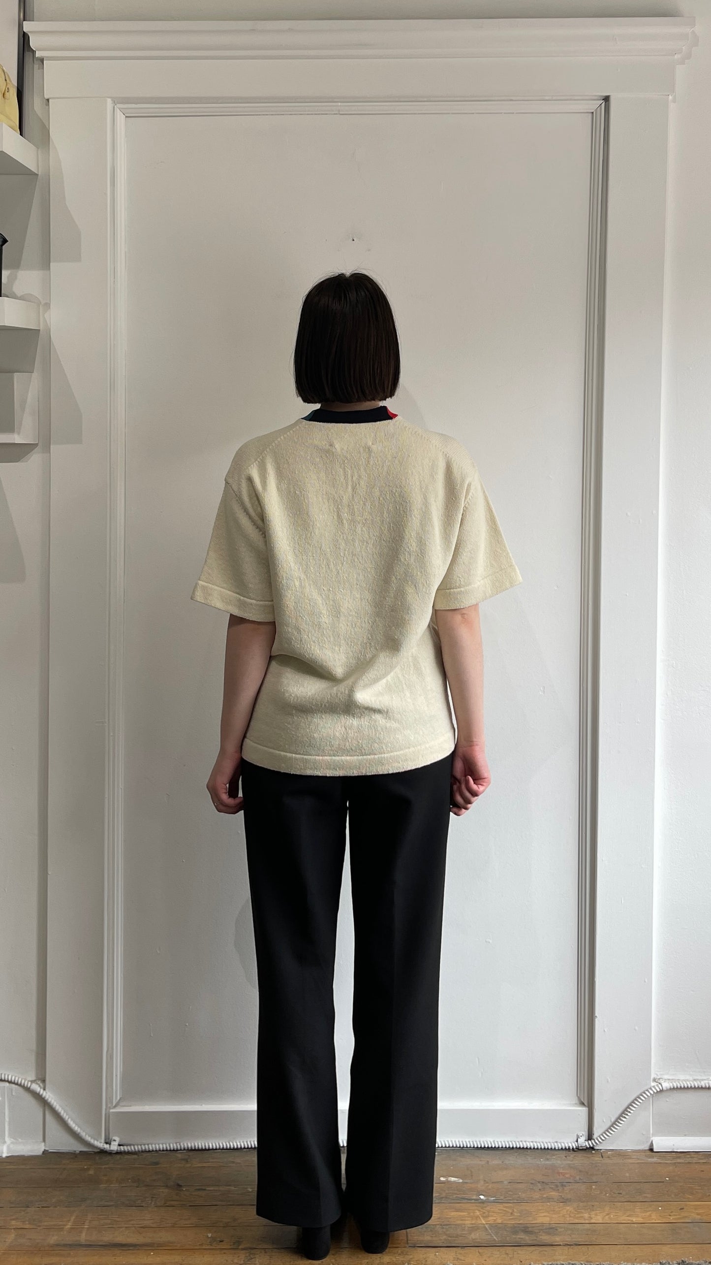 Jil Sander Cream, Green, & Red Wool Blend V-Neck Knit T-Shirt 44