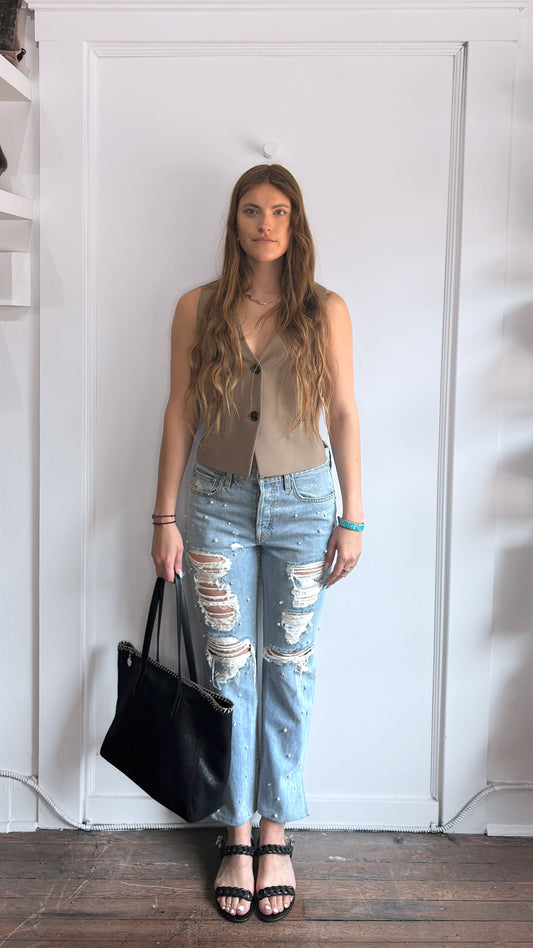 Jonathan Simkhai Light Wash Pearl Embellished Distressed Jeans 27