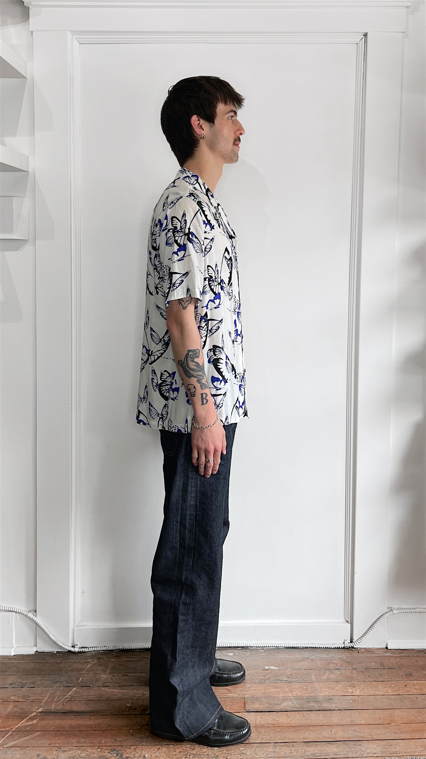 Ksubi White & Blue Butterfly Pattern Viscose Camp Shirt Medium