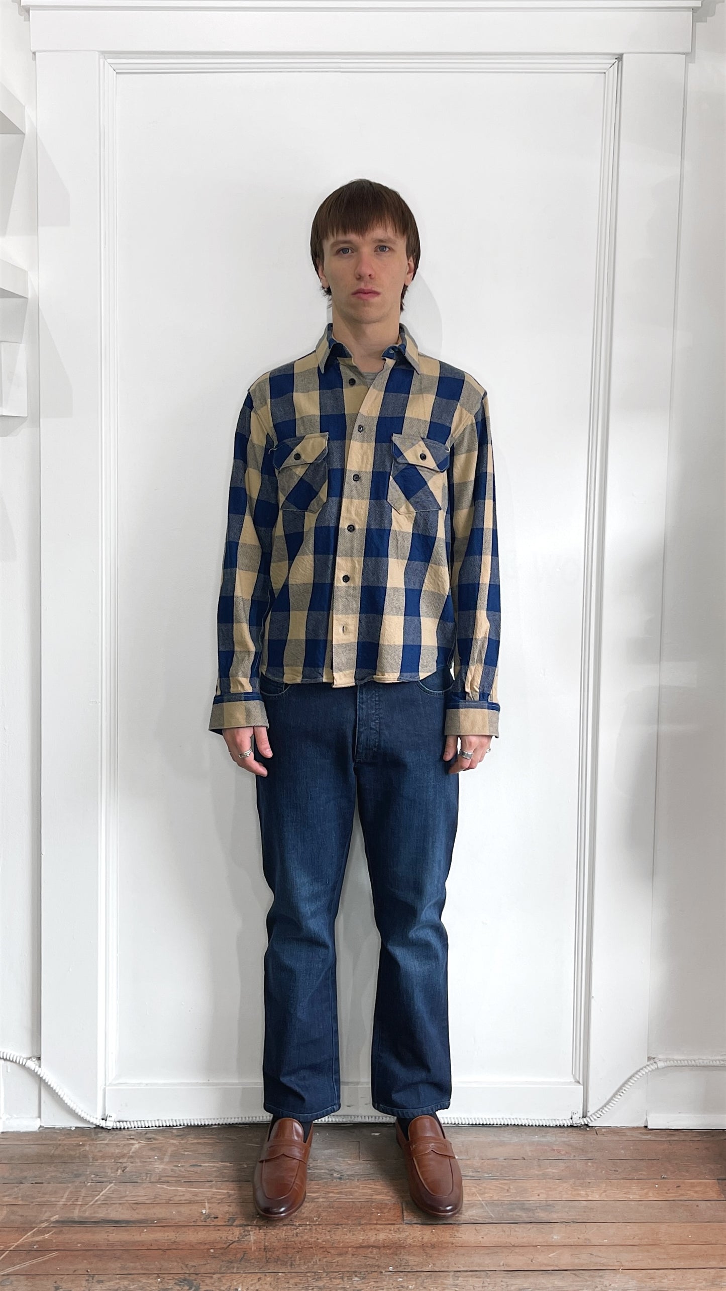 Indigofera Tan & Blue Buffalo Check Flannel Shirt Small