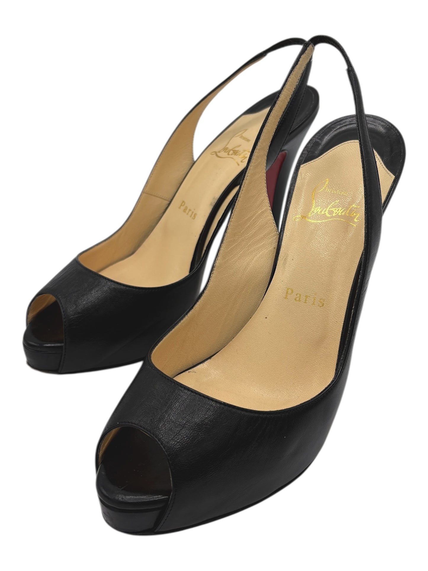 Christian Louboutin Black Leather No Prive Peep Toe Slingback Pumps 7 M / 8.5 W