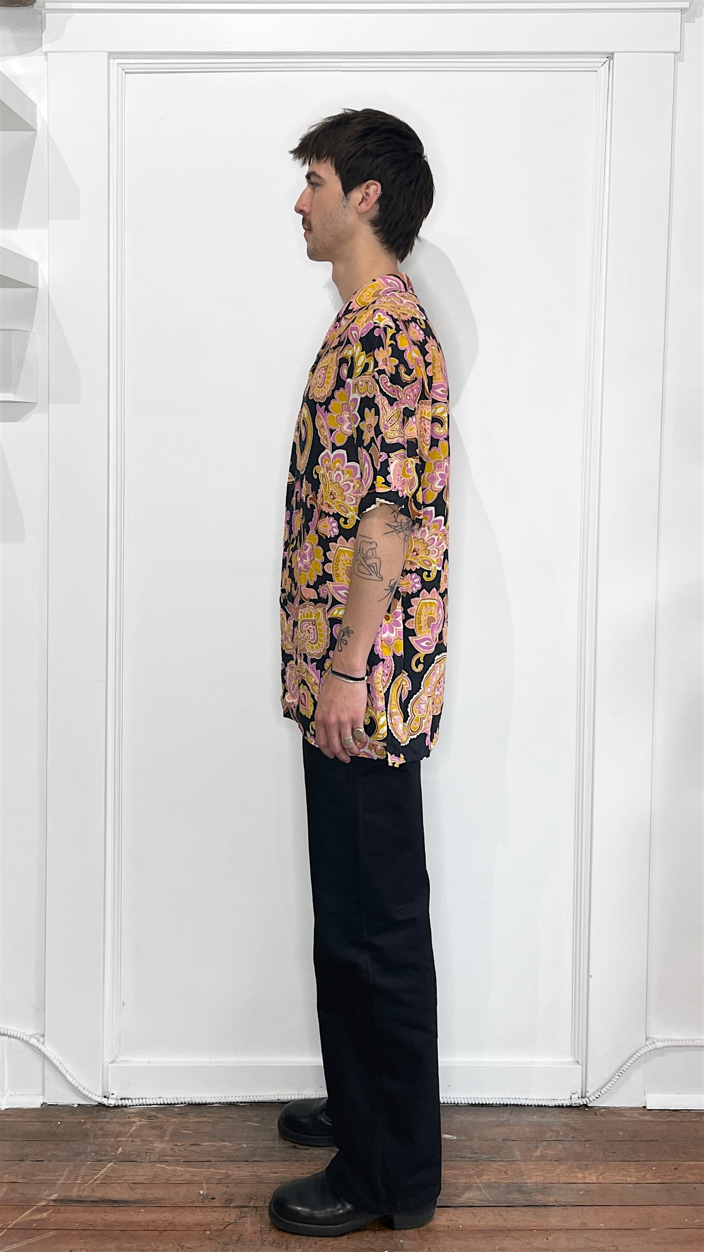 Gucci Black, Pink, & Yellow Floral Linen SS Button Up 44