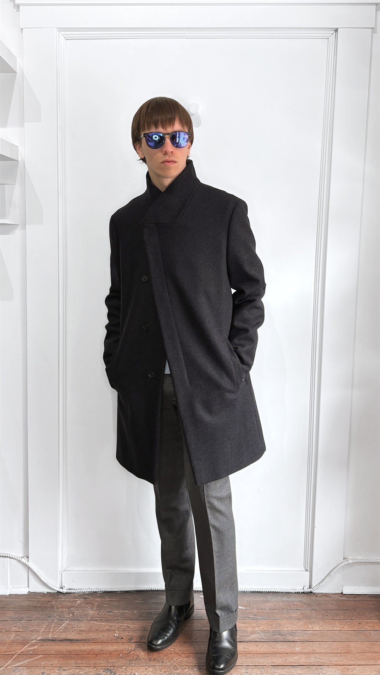 All Saints Charcoal Grey Wool Blend Mid Length Overcoat 42