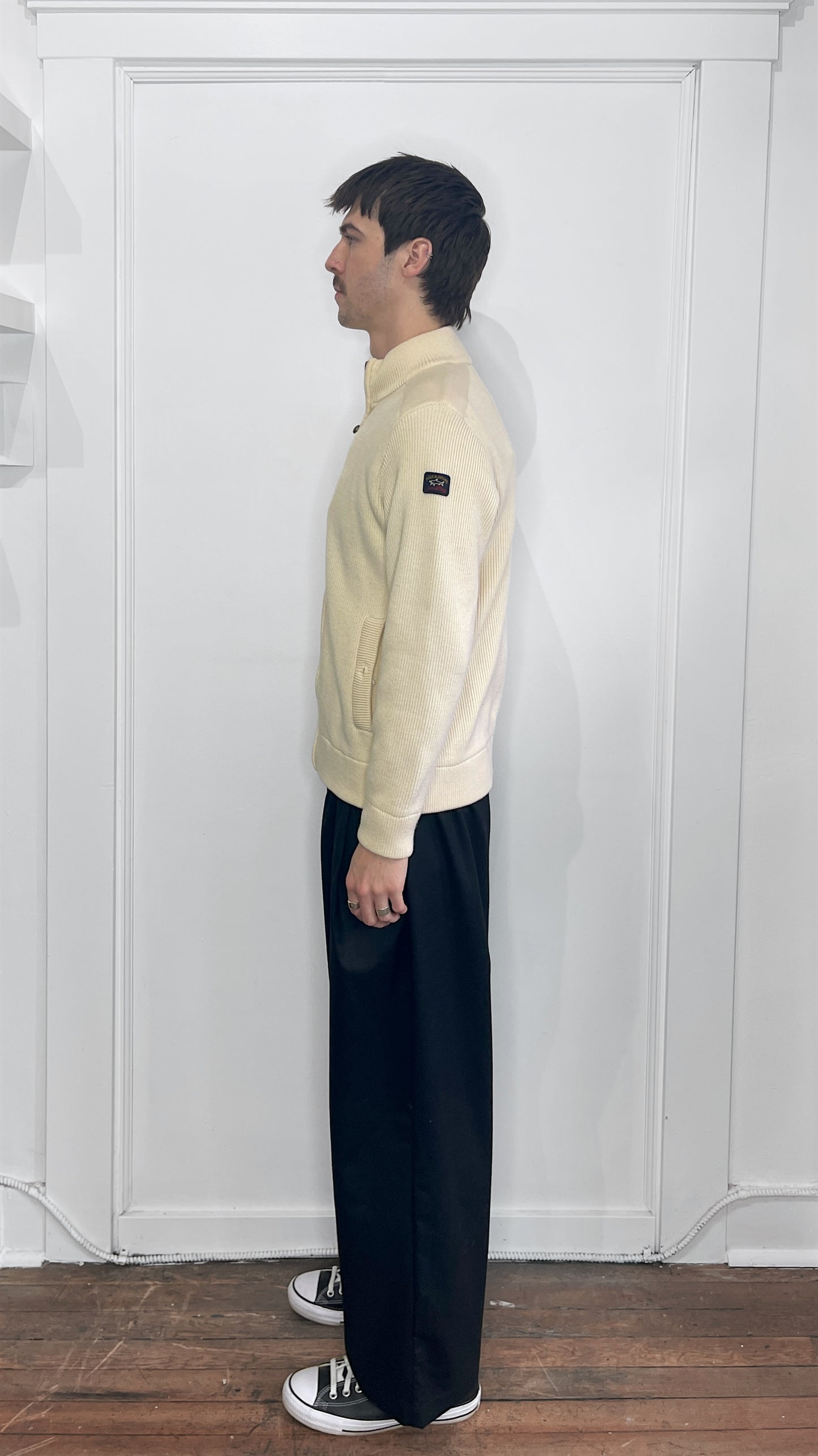 Paul & Shark Cream Ribbed Wool Knit Lined Zip Up Sweater Small