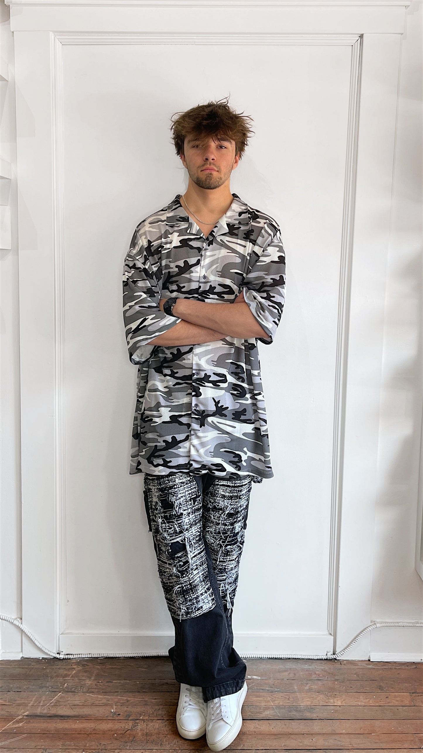 Balenciaga Snow Camo Mesh Camp Collar SS Button Up Shirt 40