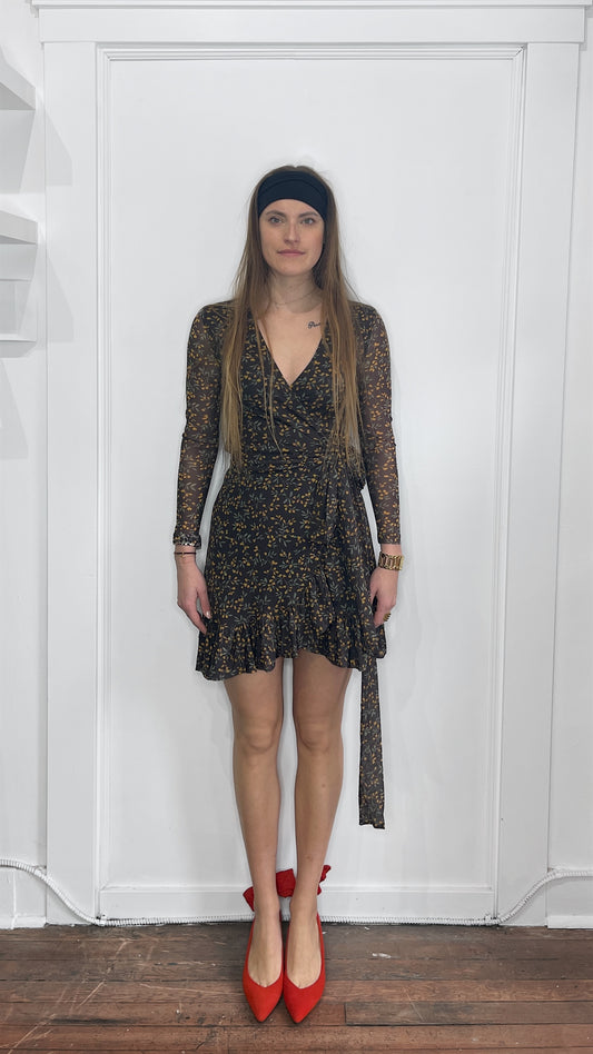 Ganni Green & Yellow Floral Pattern Tilden Mesh Dress 36