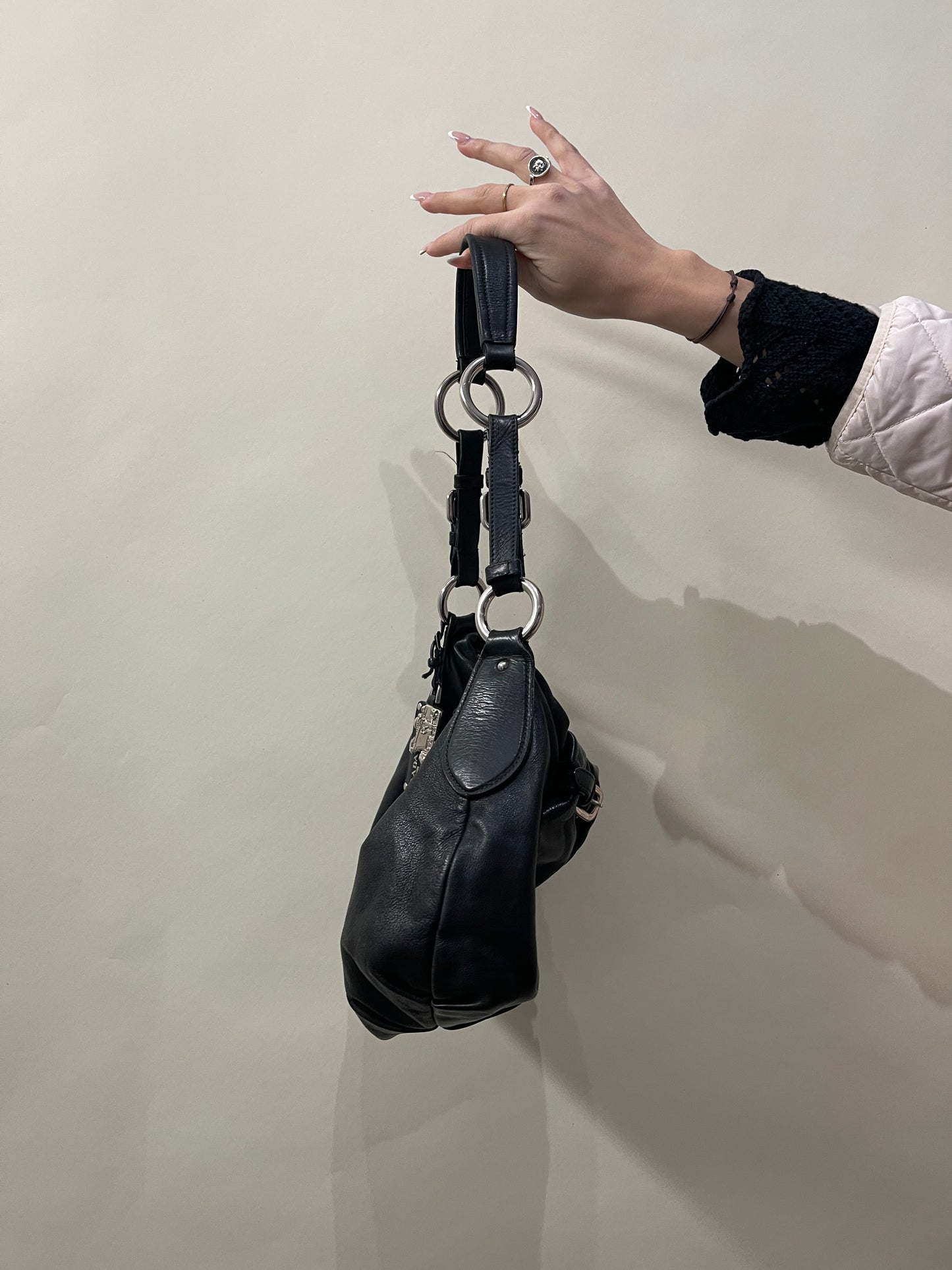 Prada Black Pleated Leather Hobo Bag