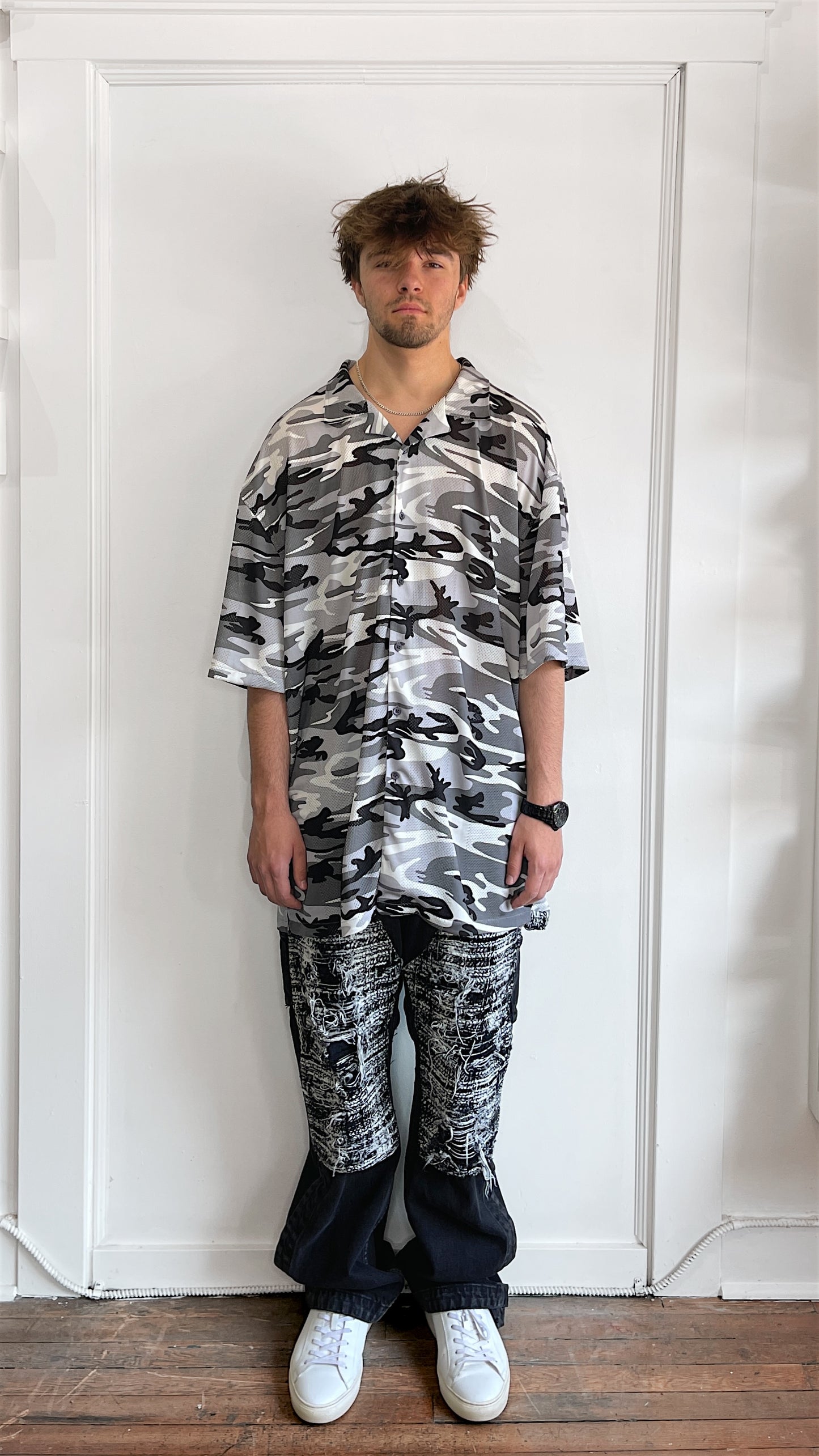 Balenciaga Snow Camo Mesh Camp Collar SS Button Up Shirt 40