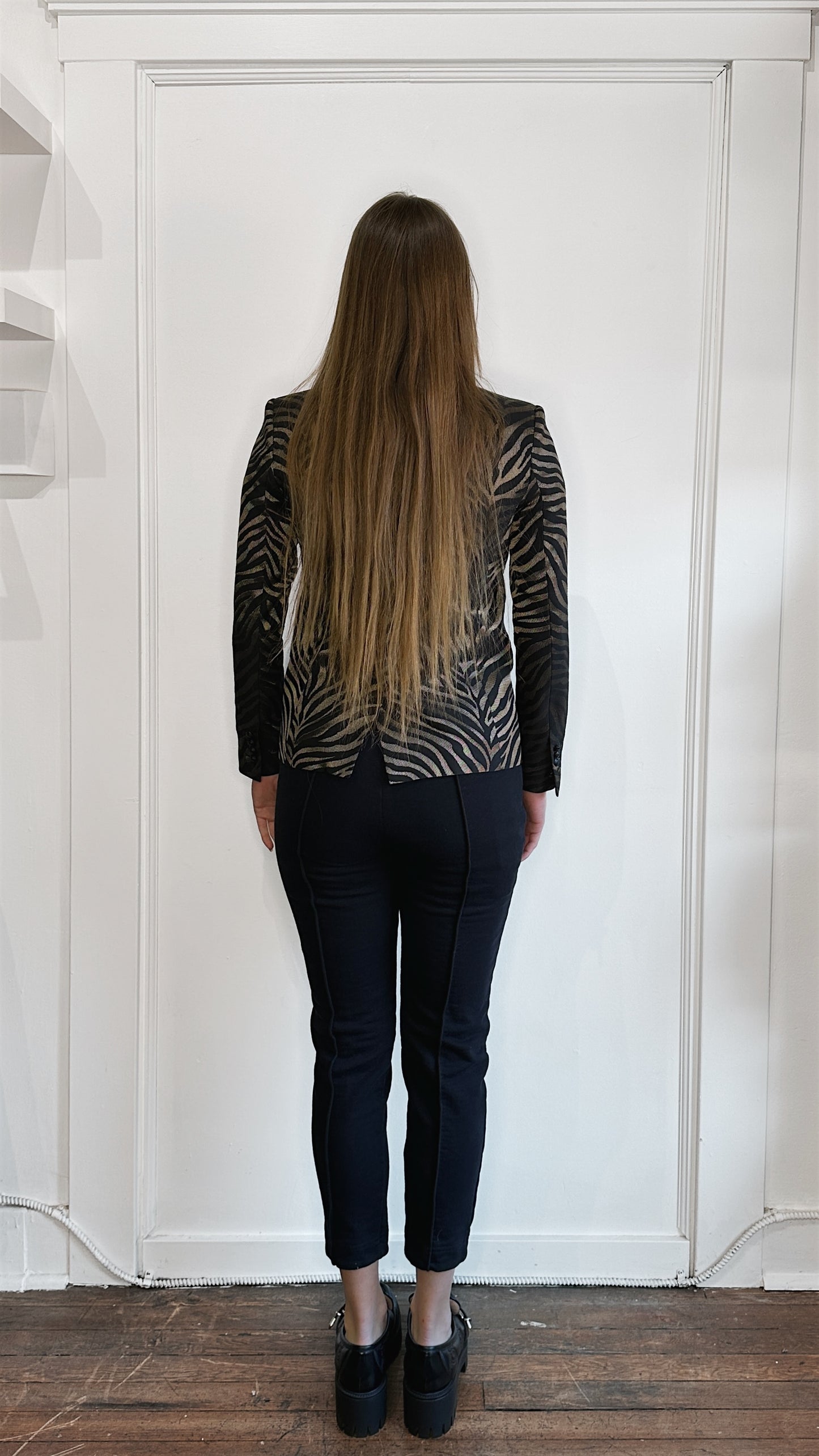 The Kooples Metallic Bronze Tiger Stripe Blazer with Leather Lapel 36