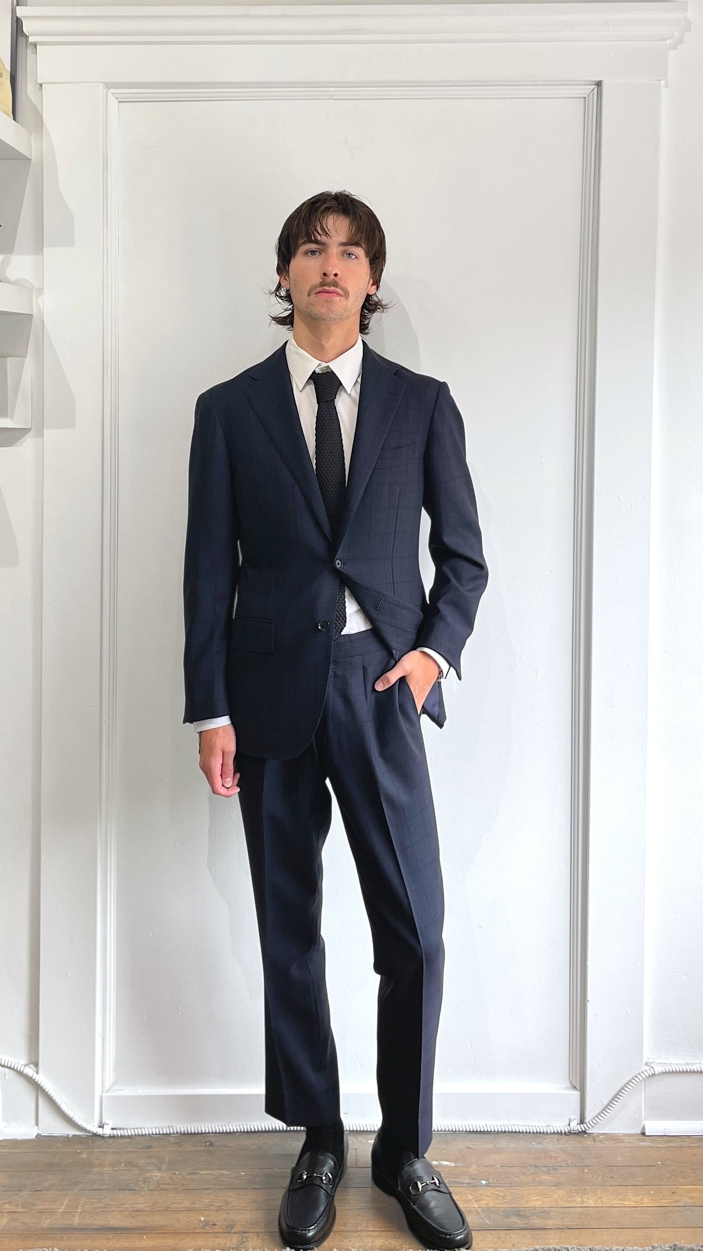 Ring Jacket Navy Blue Tonal Plaid Wool Suit 38