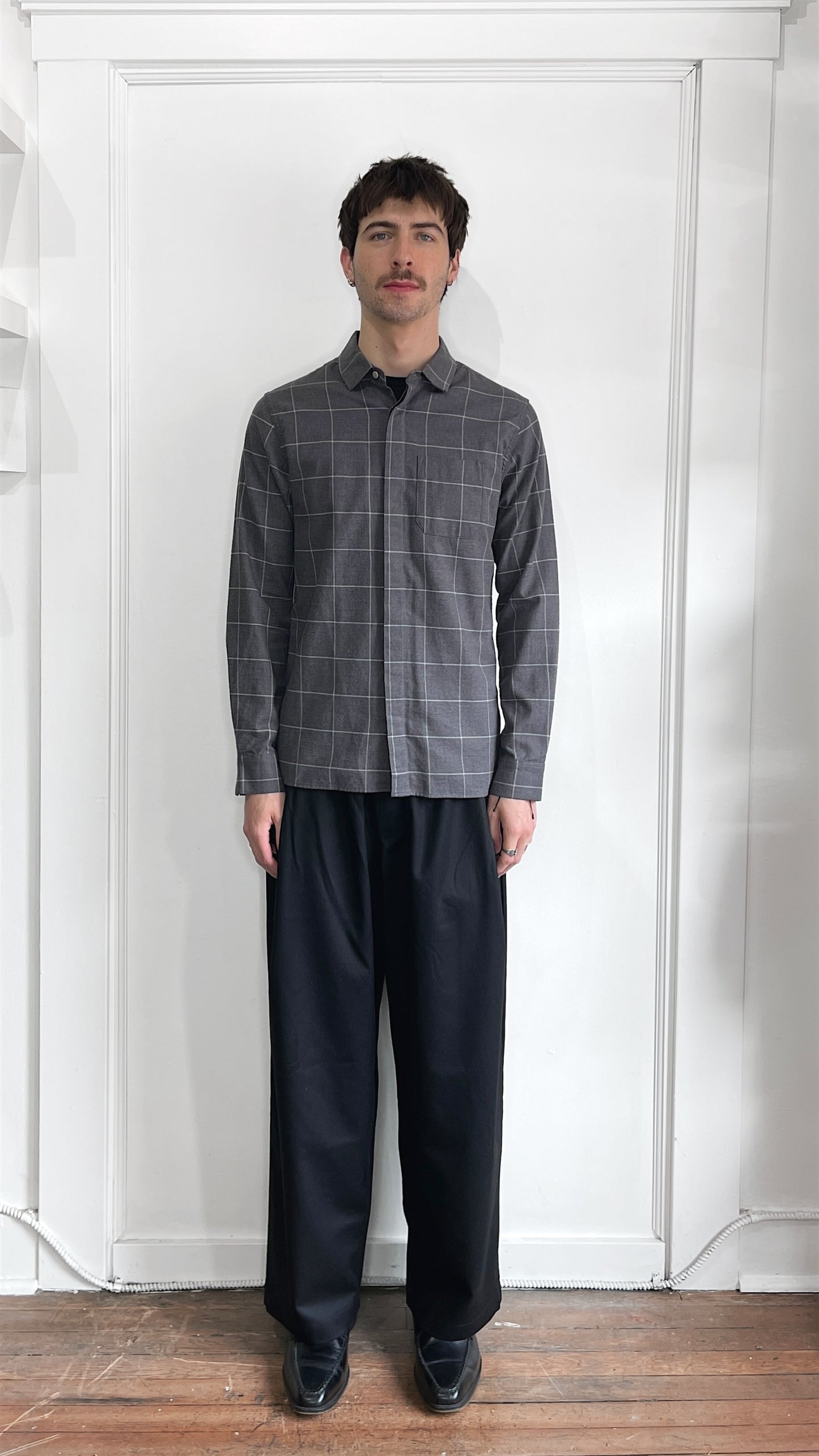 Wings + Horns Grey & White Windowpane Brushed Cotton Flannel Small