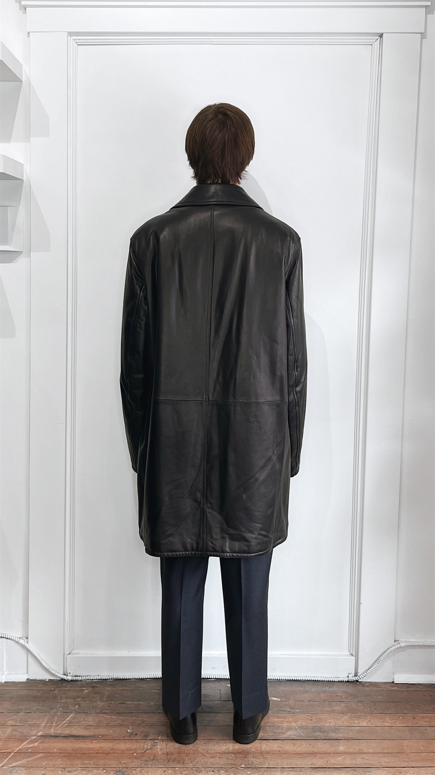 Armani Collezioni Black Lambskin Double Breasted Overcoat 46