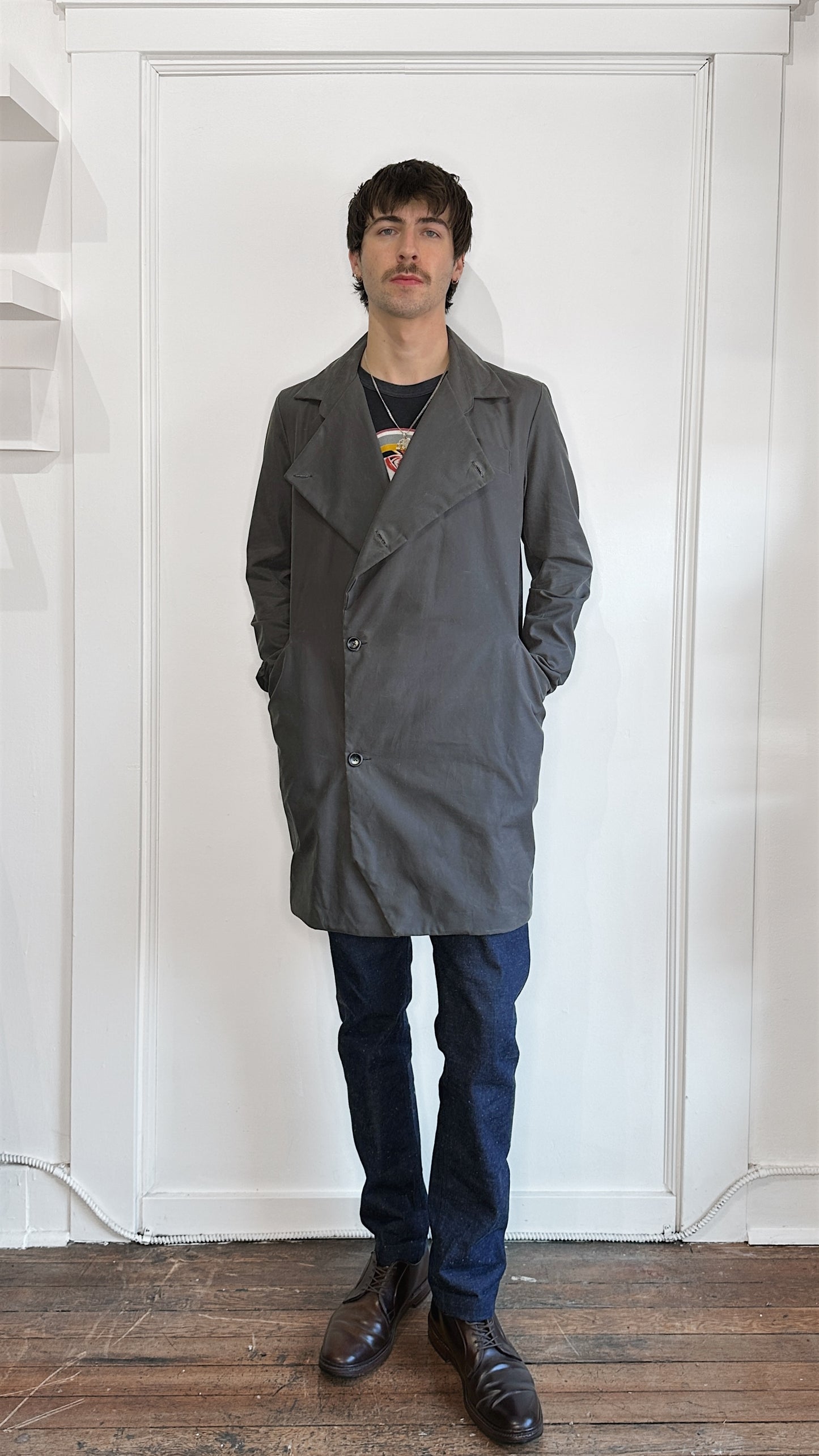18 Waits Dark Grey Waxed Cotton DB Overcoat Small