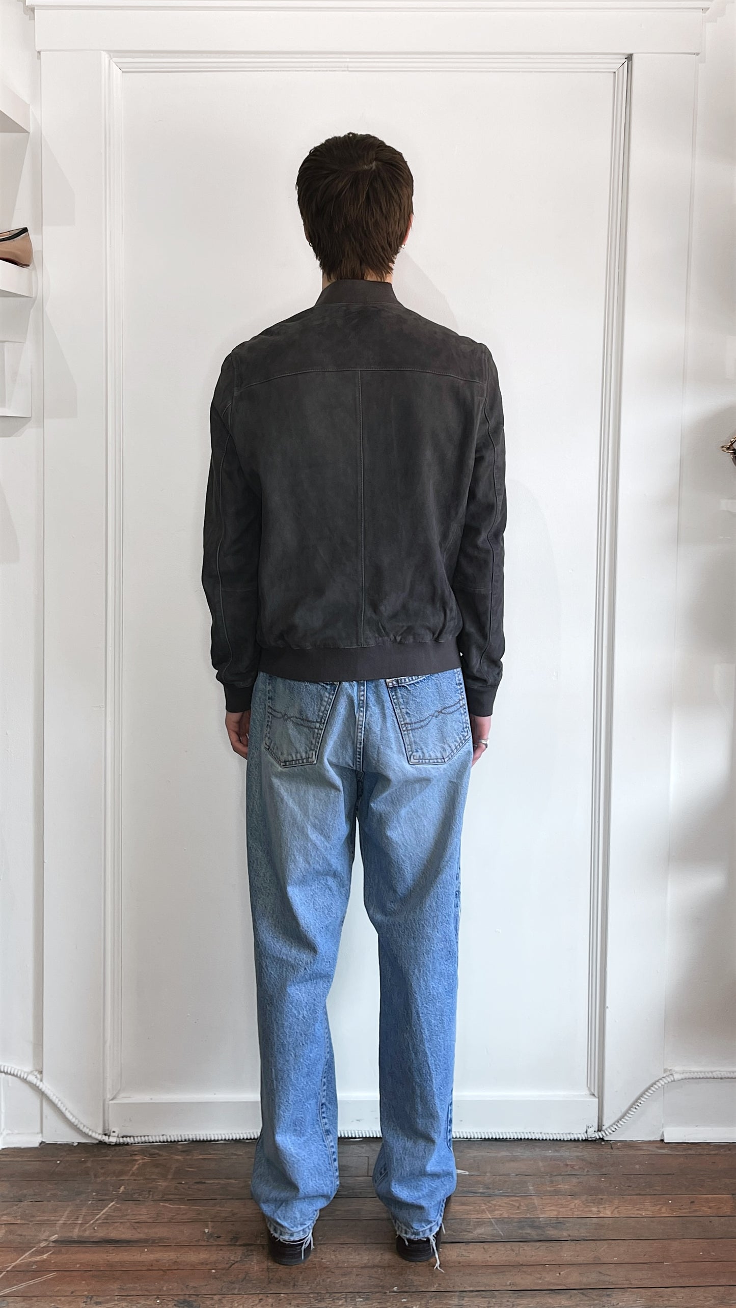 All Saints Grey Suede Kemble Bomber Jacket Large