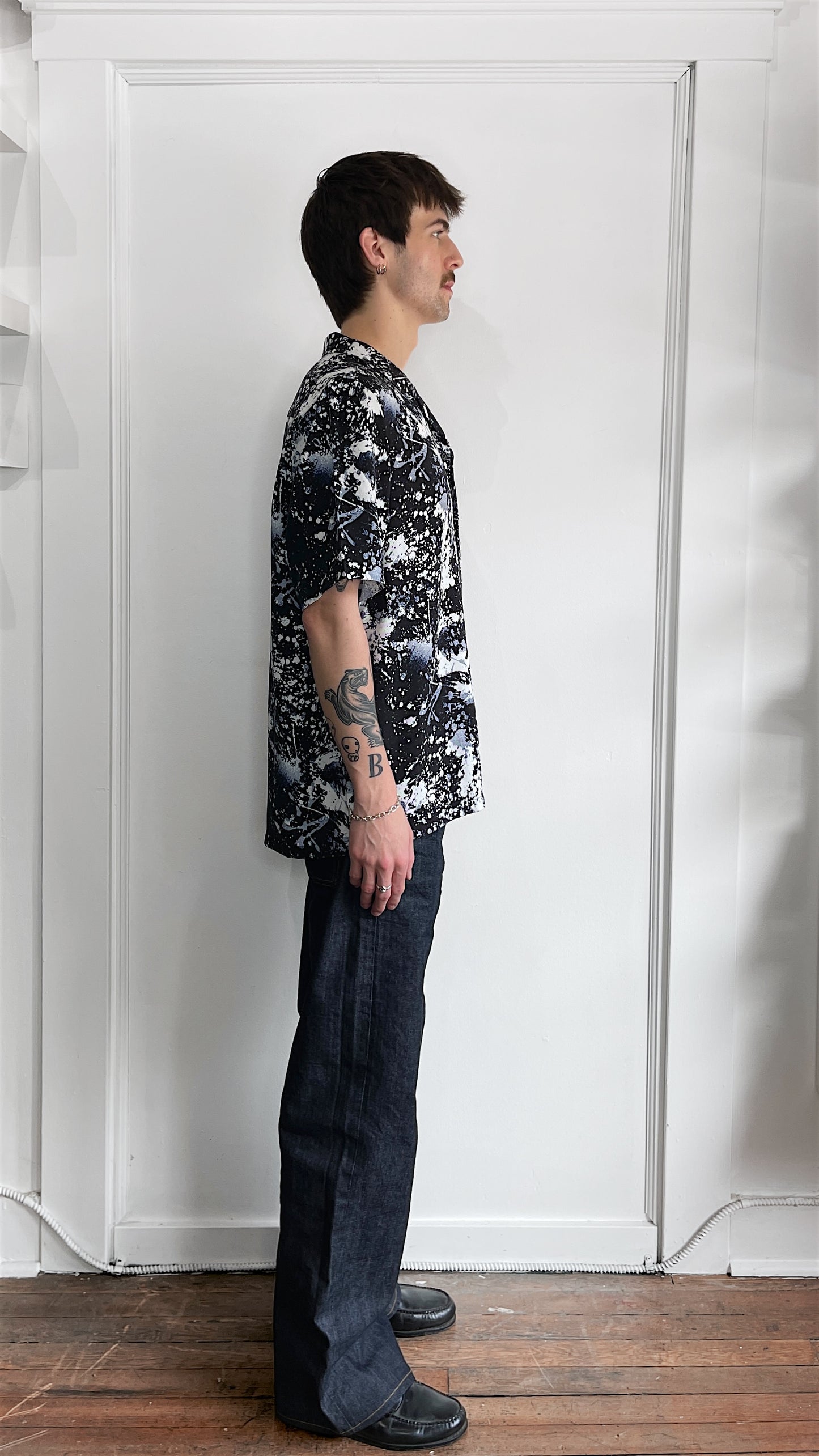 Ksubi Black, White, & Blue Paint Splatter Pattern Tencel Camp Shirt Large