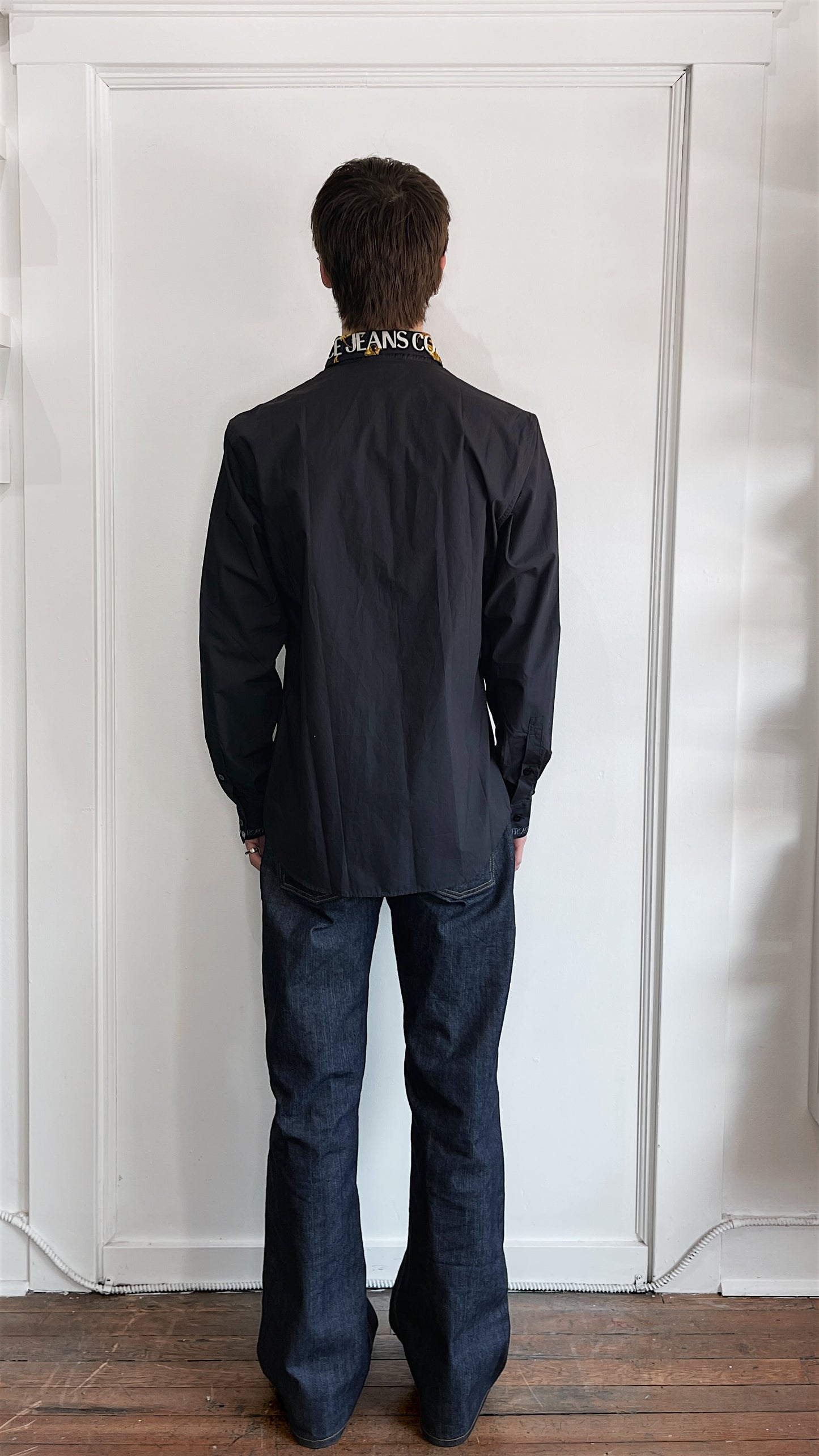 Versace Jeans Couture Black Collar Logo Button Up Shirt 38