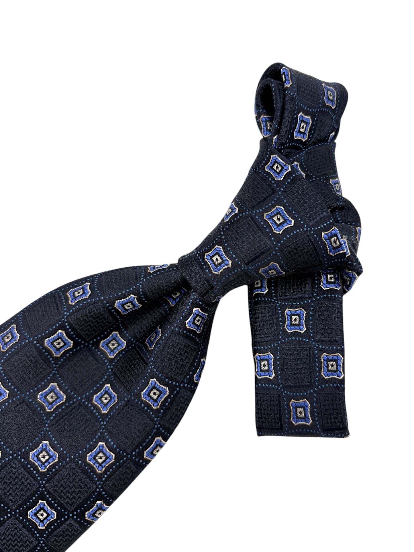 Ermenegildo Zegna Navy and Blue Geometric Check Pattern Silk Tie