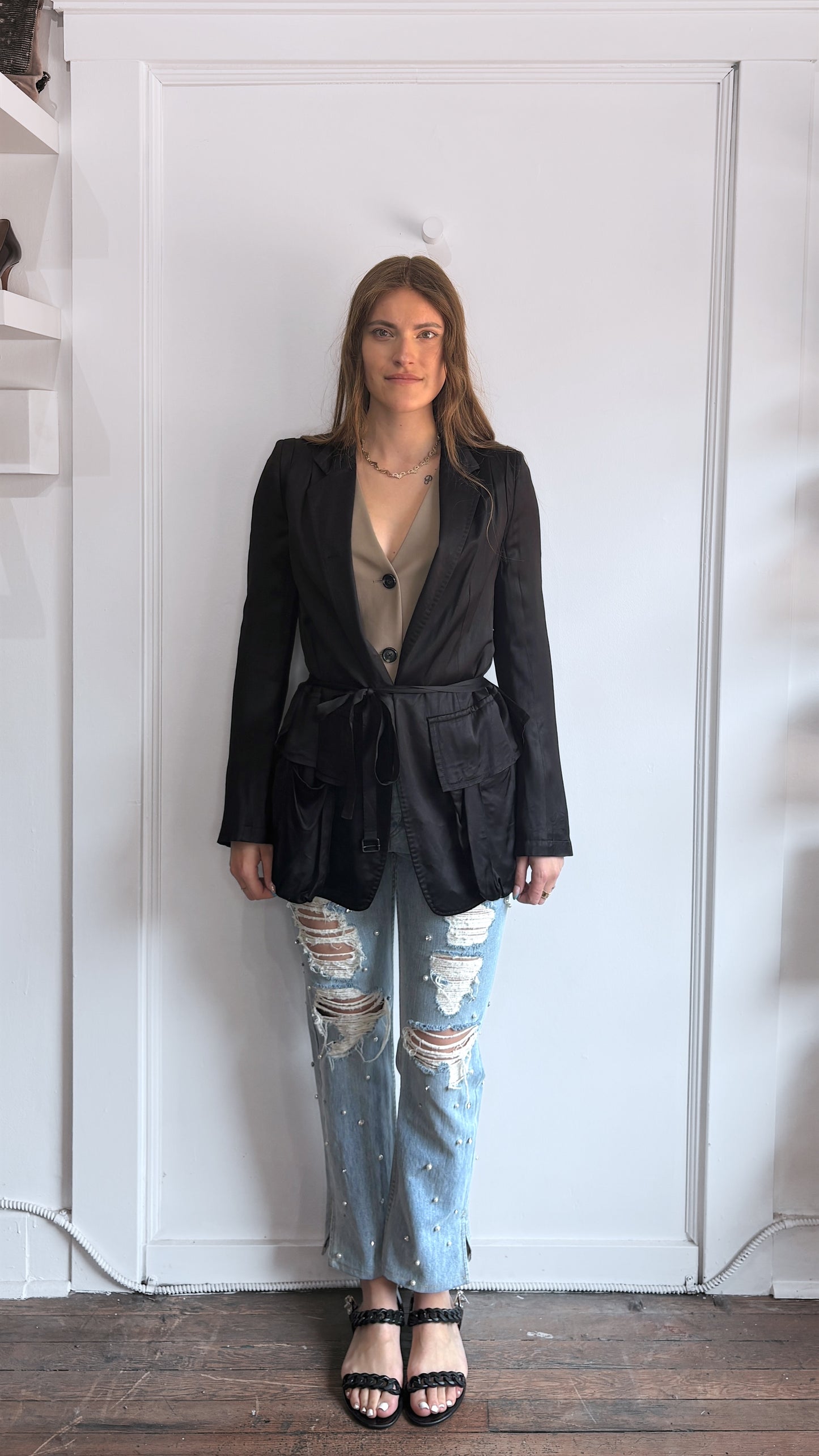 Ann Demeulemeester Black Rayon Belted Blazer 38