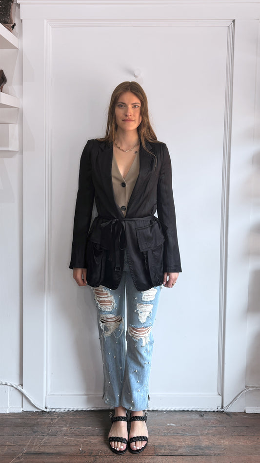 Ann Demeulemeester Black Rayon Belted Blazer 38