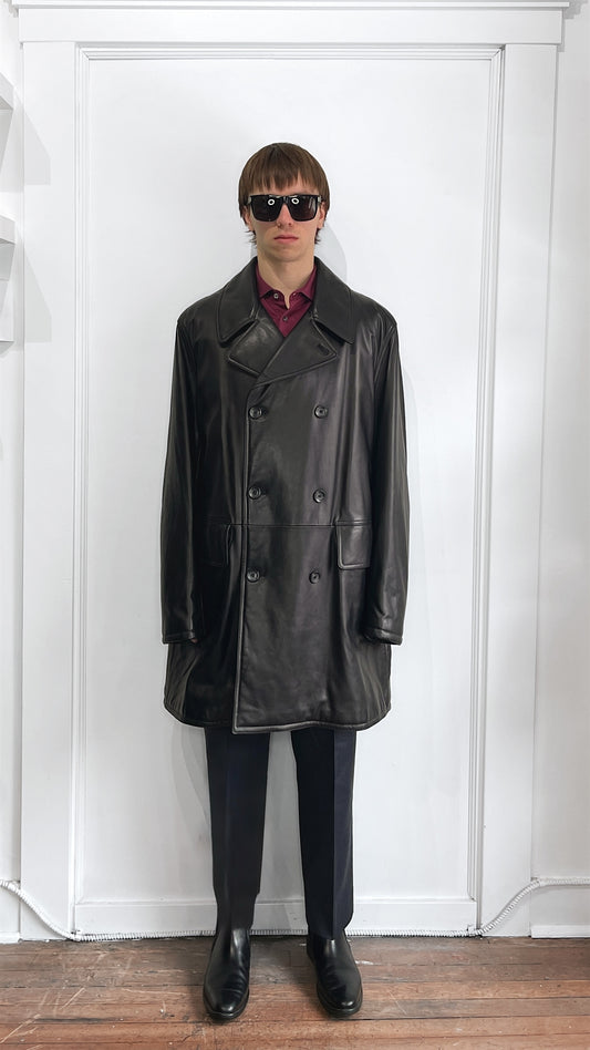 Armani Collezioni Black Lambskin Double Breasted Overcoat 46