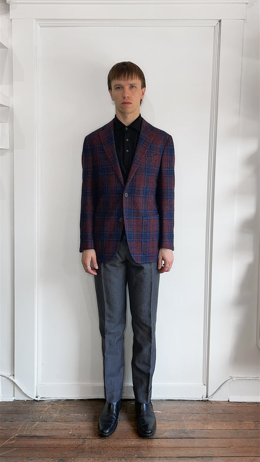 Suitsupply Maroon & Navy Plaid Wool Silk Linen Sport Coat 38