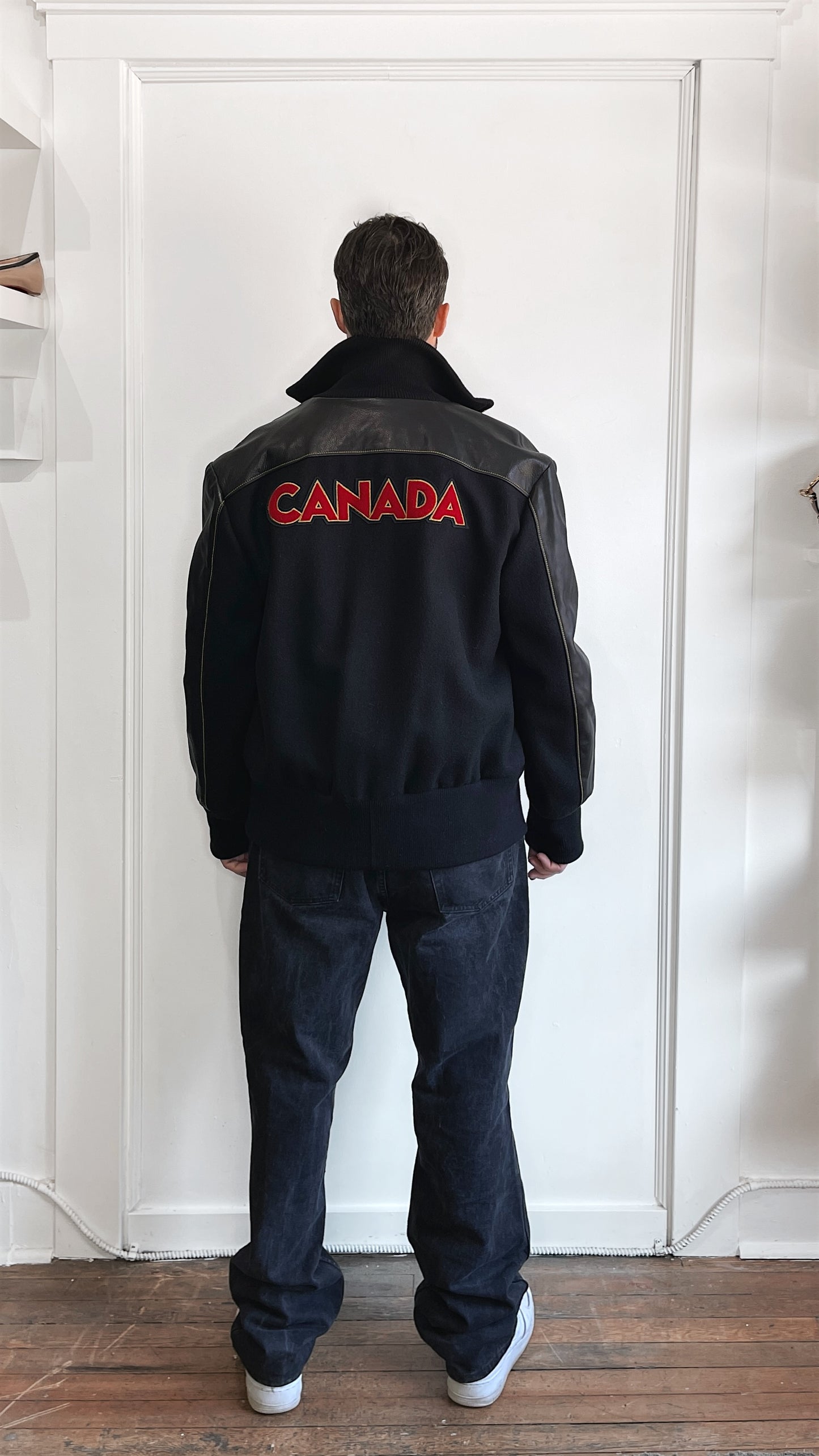 Roots Black & Gold Wool & Leather Canada Hockey Bomber Jacket Extra Large