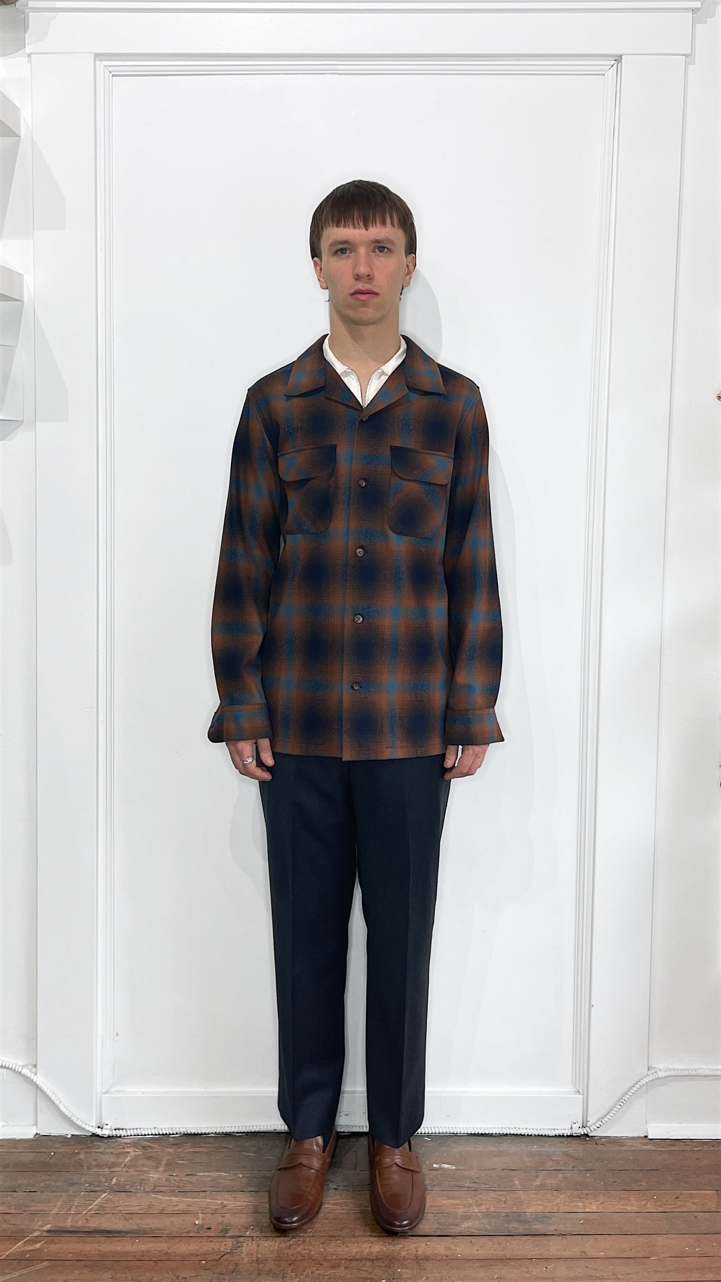 Pendleton Teal & Copper Plaid Wool LS Camp Shirt Medium