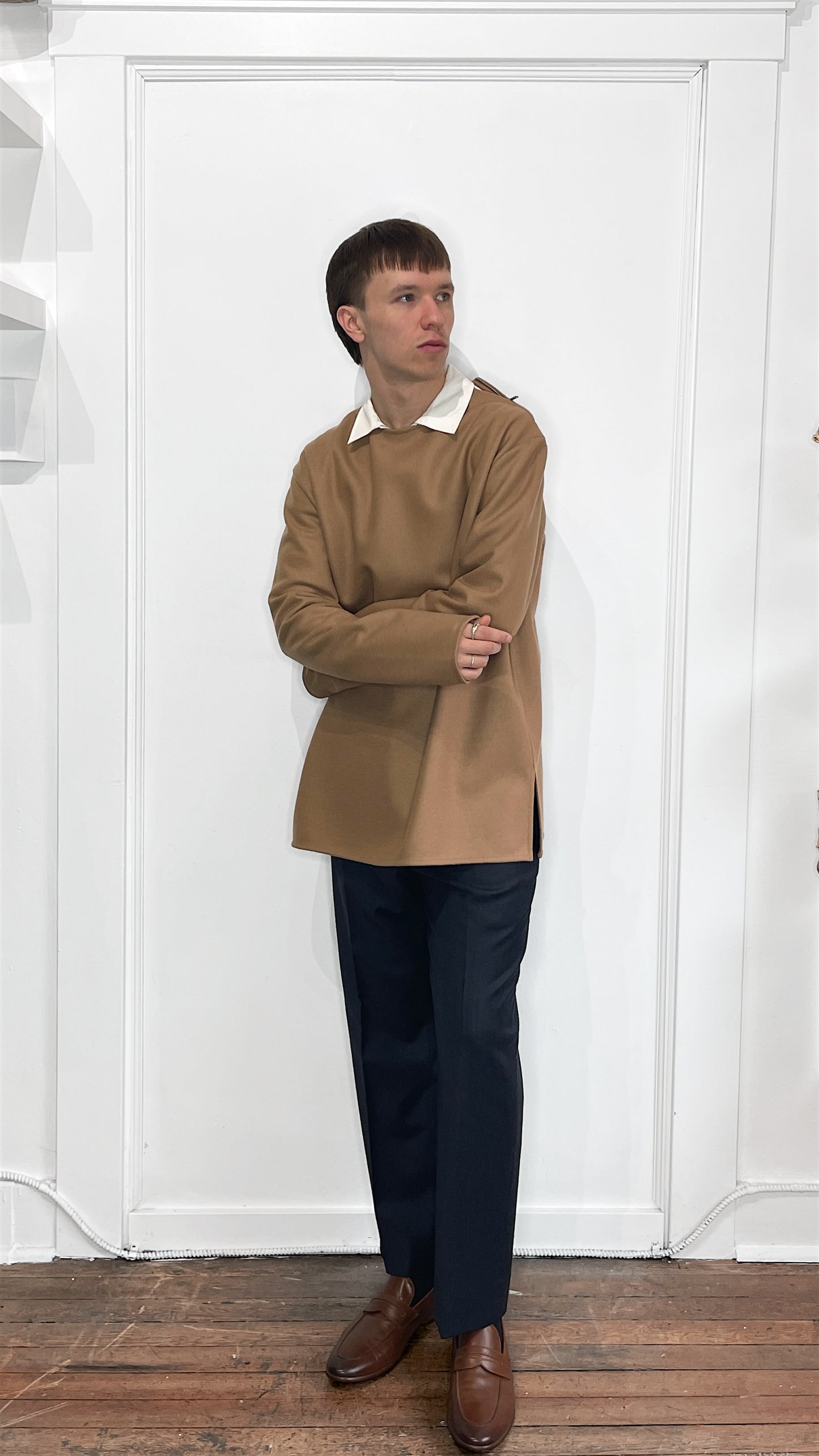 Jil Sander Camel Flannel Wool Zip Shoulder Sweater 46