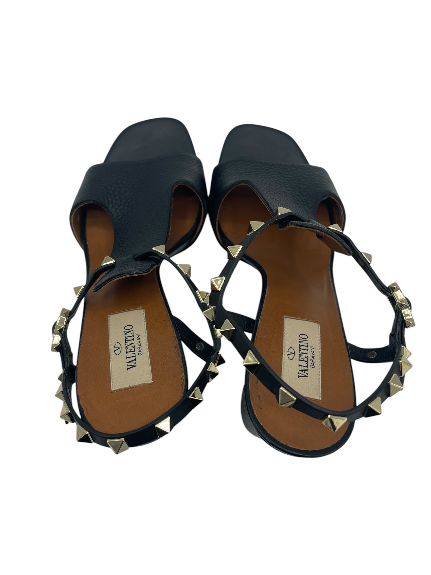 Valentino Black Pebbled Leather Rockstud Heeled Sandal 8 M / 9.5 W