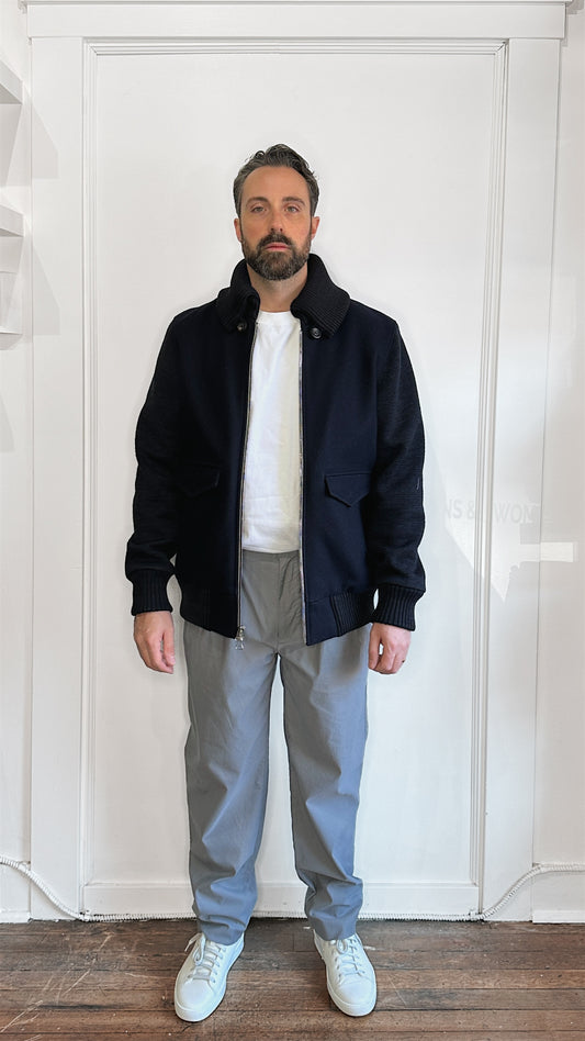 Wings + Horns Multi Navy Wool Knit Sleeve Bomber Jacket Extra Large