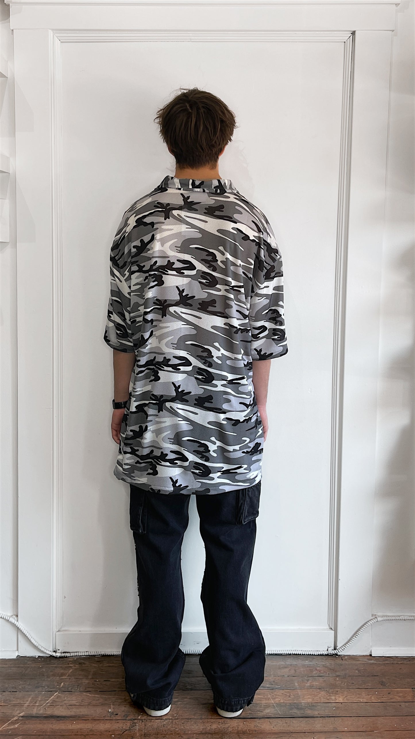 Balenciaga Snow Camo Mesh Camp Collar SS Button Up Shirt 40