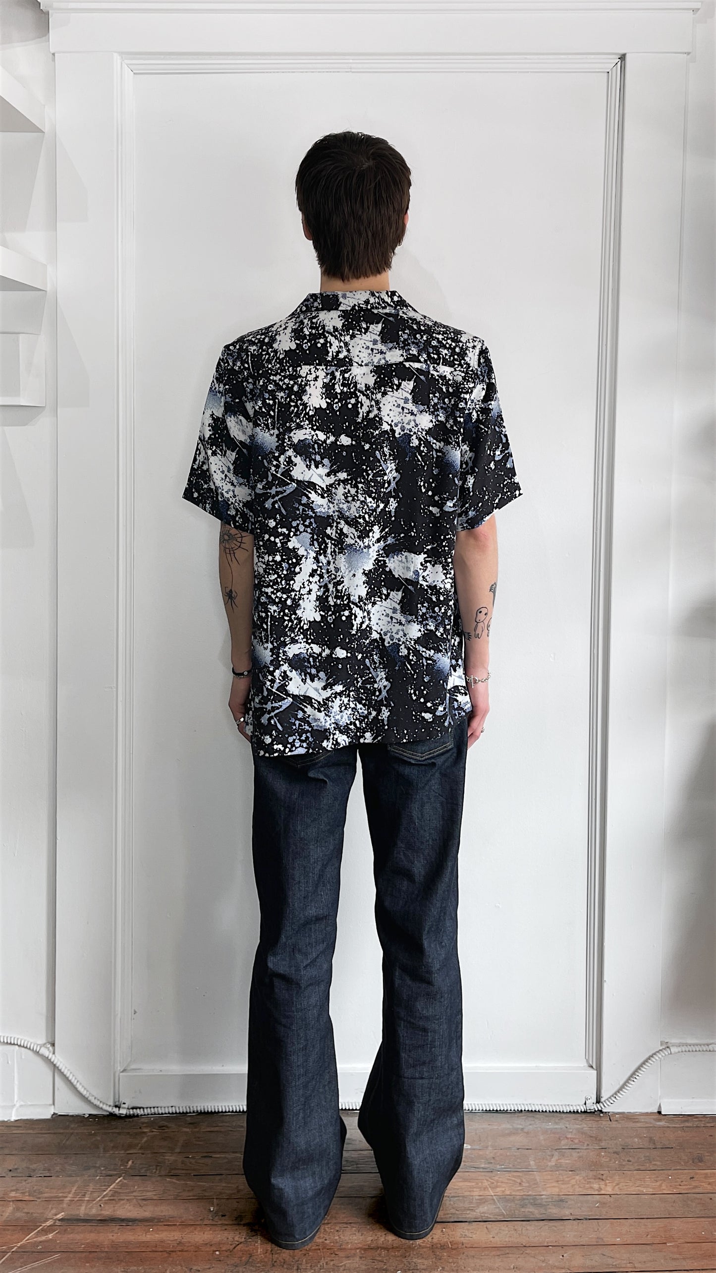 Ksubi Black, White, & Blue Paint Splatter Pattern Tencel Camp Shirt Large