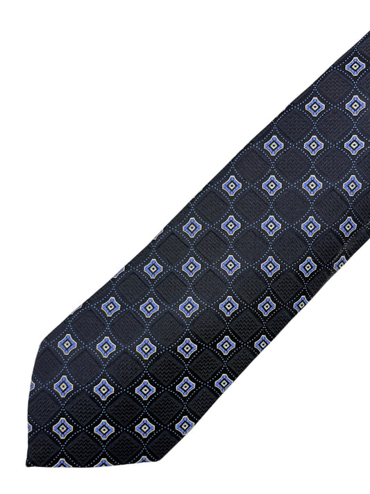 Ermenegildo Zegna Navy and Blue Geometric Check Pattern Silk Tie